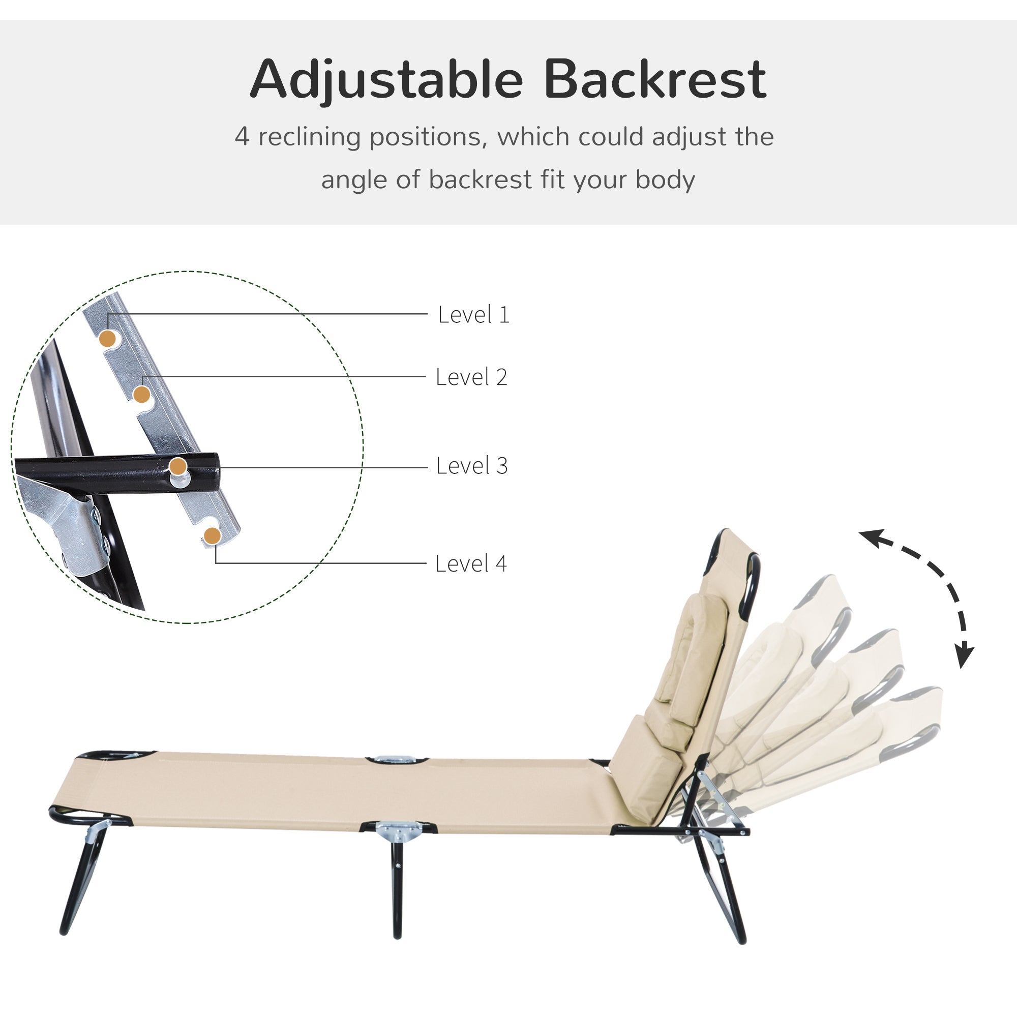 Sun Lounger Foldable Reclining Chair with Pillow and Reading Hole Garden Beach Outdoor Recliner Adjustable Beige