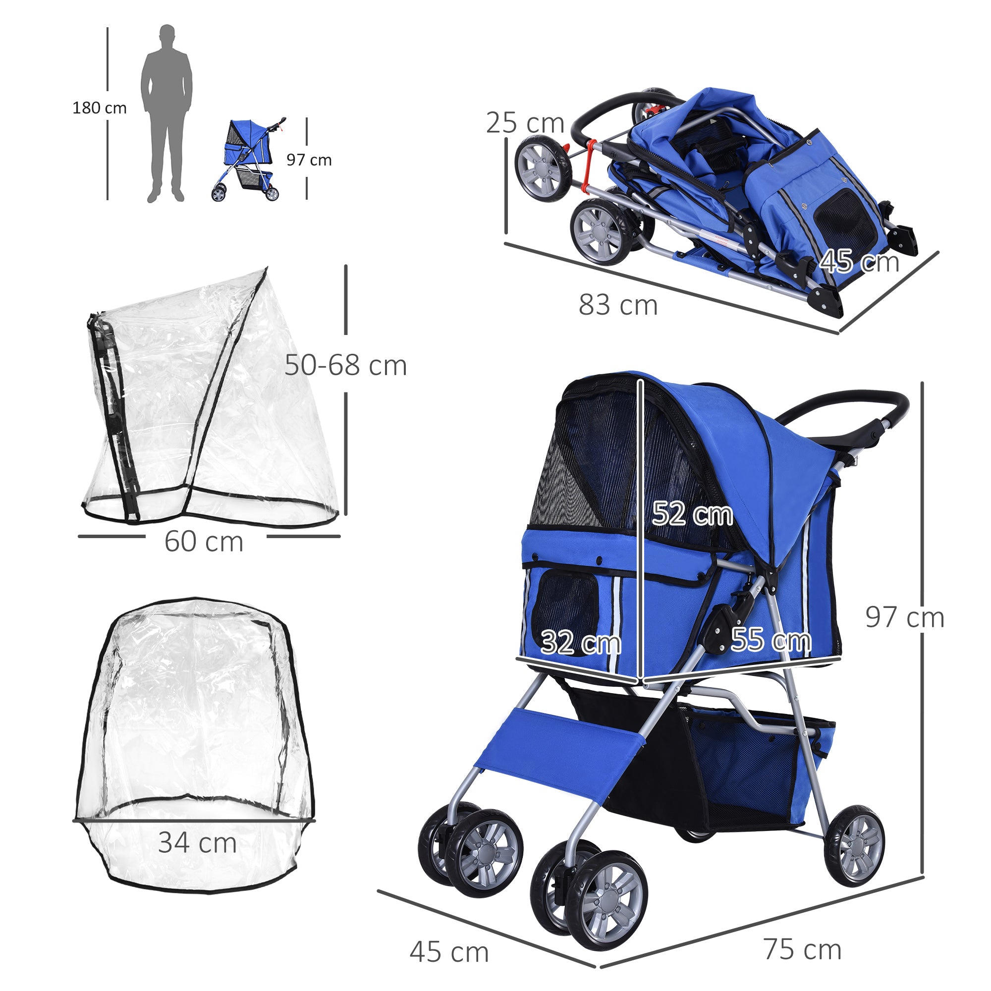 Dog Stroller with Rain Cover for Small Miniature Dogs, Folding Pet Pram with Cup Holder, Storage Basket, Reflective Strips, Blue