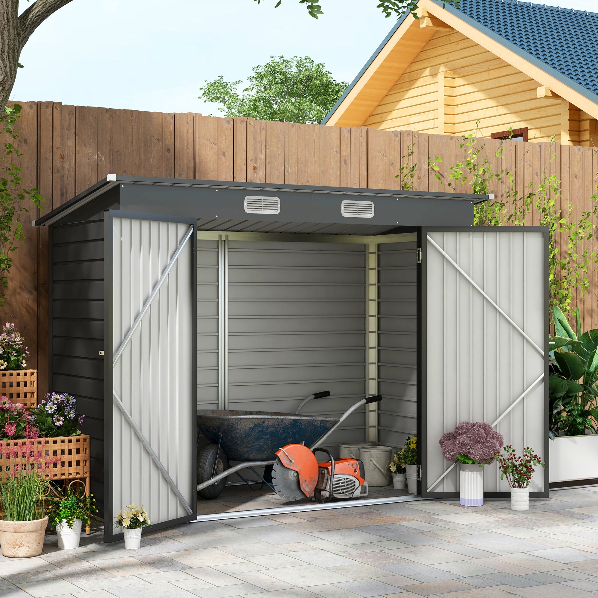 8 x 4FT Galvanised Garden Storage Shed, Metal Outdoor Shed with Double Doors and 2 Vents, Grey