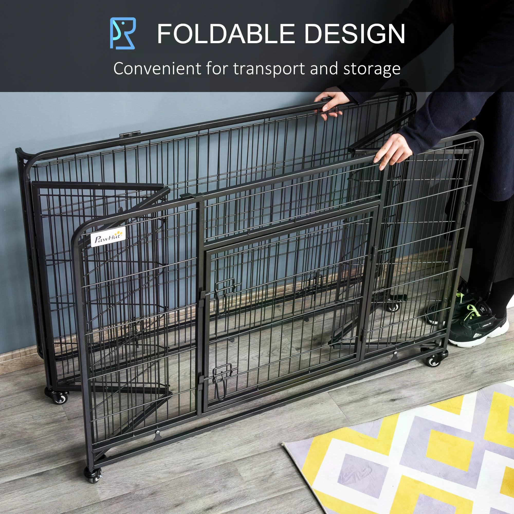 Heavy Duty Dog Crates Foldable Doge Kennel and Dog Cage Pet Playpen with Double Doors Removable Tray Lockable Wheels 125cm x 76cm x 81cm.