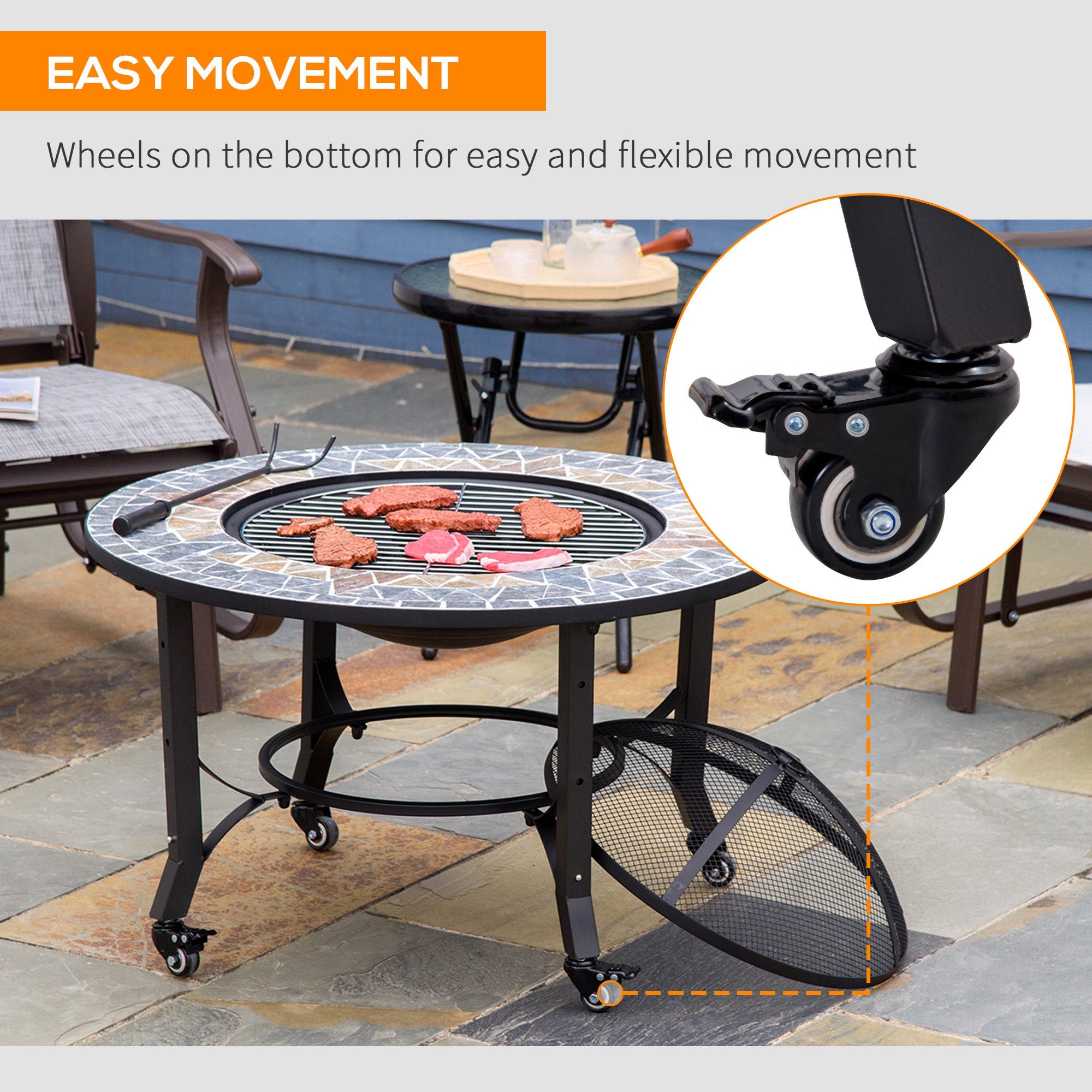 2-in-1 Outdoor Fire Pit on Wheels, Patio Heater with Cooking BBQ Grill, Firepit Bowl with Screen Cover, Fire Poker for Backyard Bonfire