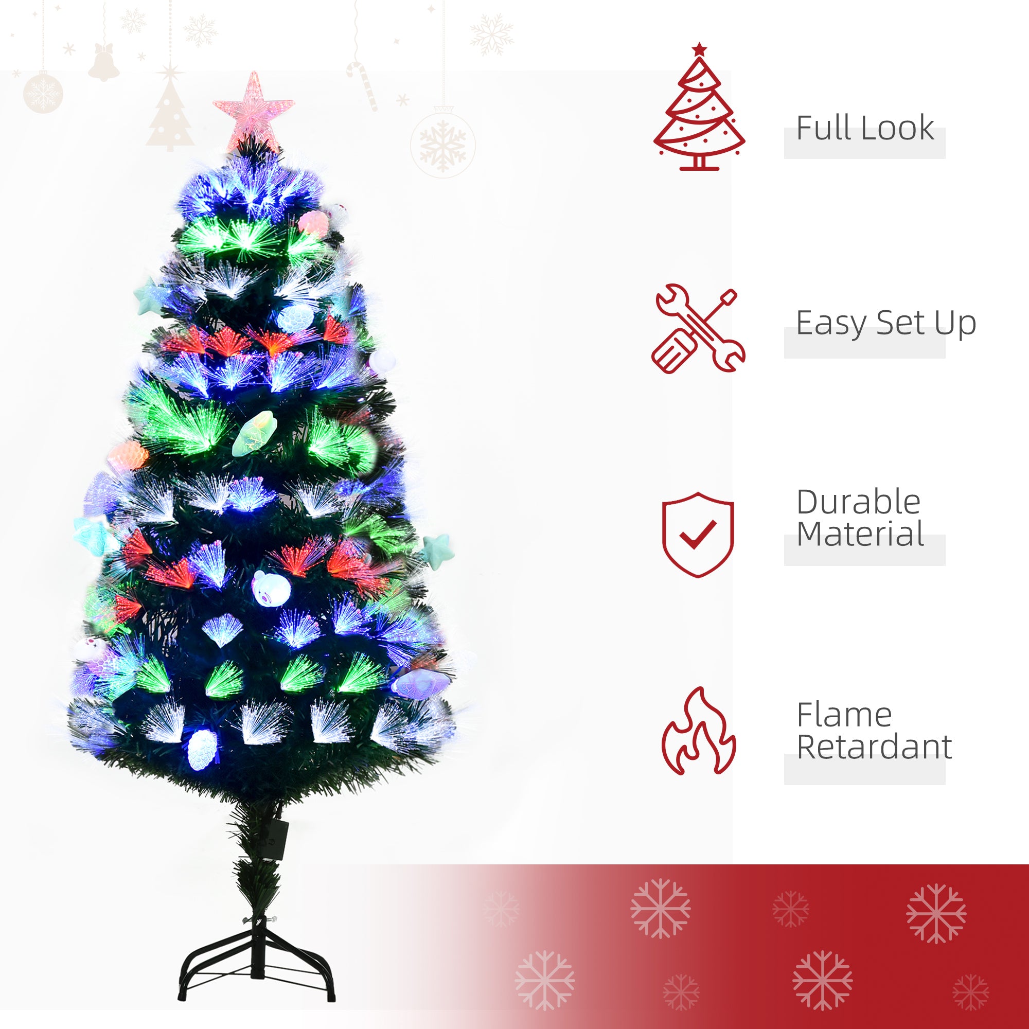 5FT Pre-Lit Artificial Christmas Tree w/ Fibre Optic Baubles Fitted Star LED Light Holiday Home Xmas Decoration-Green