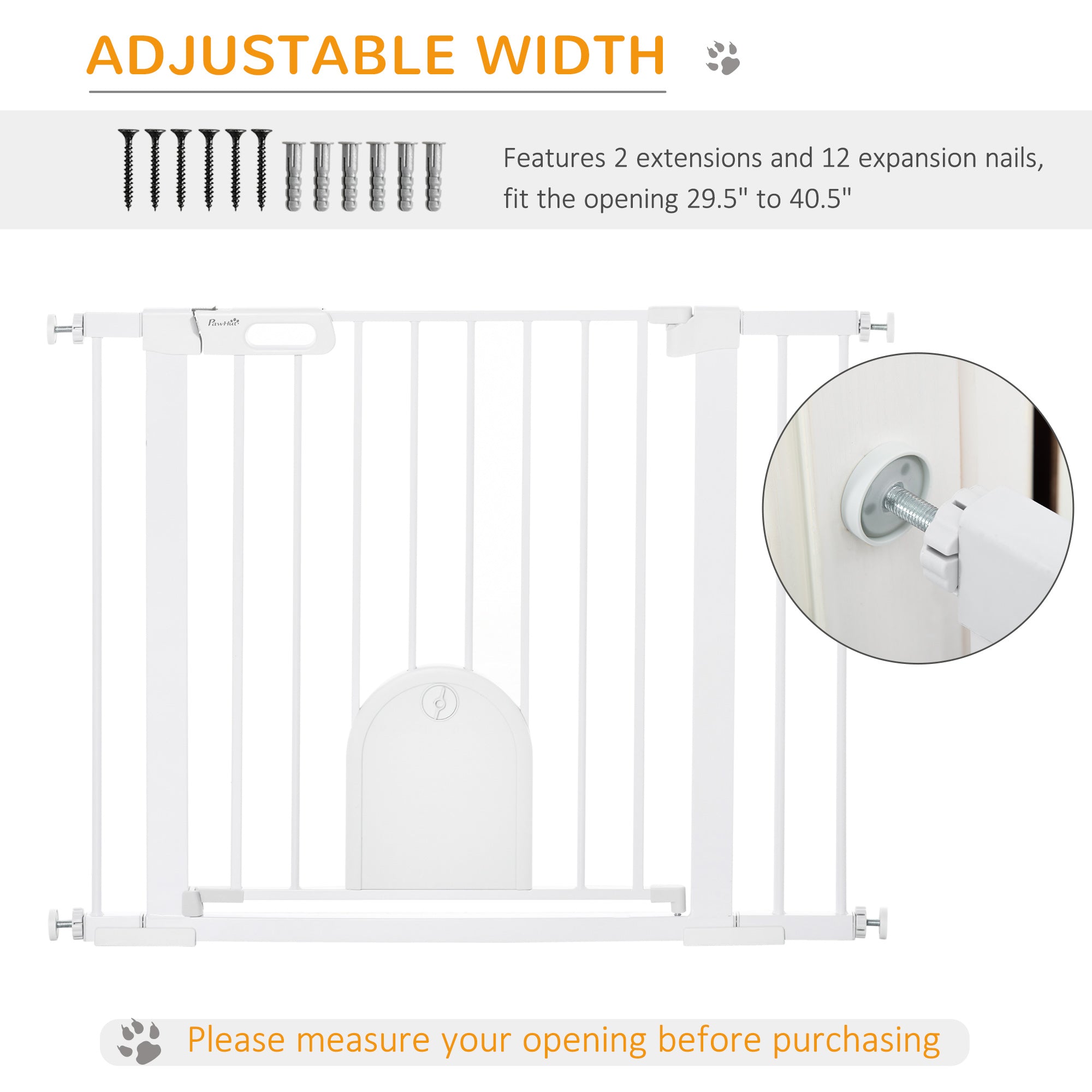 Dog Gate with Cat Flap Pet Safety Gate Barrier, Stair Pressure Fit, Auto Close, Double Locking, for Doorways, Hallways, 75-103 cm White