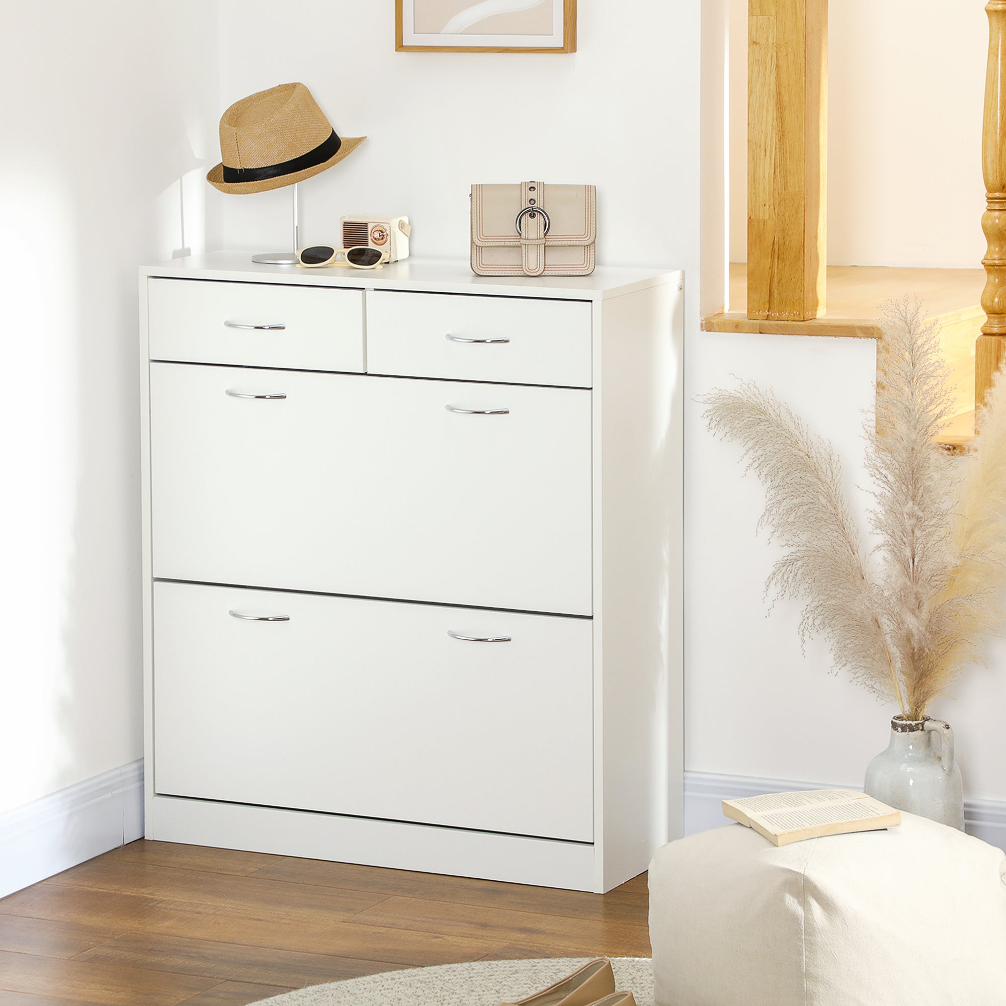 Narrow Shoe Cabinet with 2 Flip Drawers & Adjustable Shelves for 12 Pairs - White