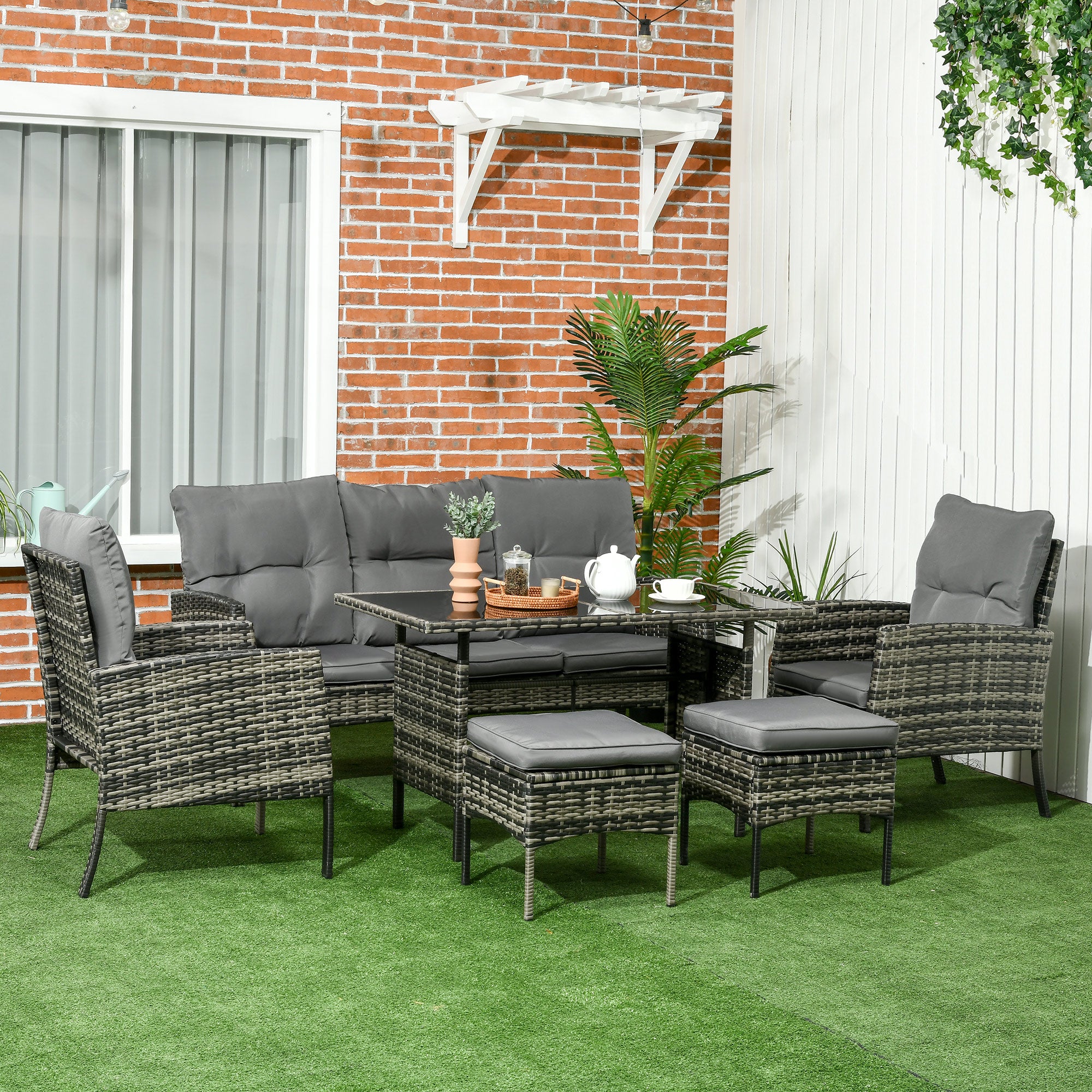 5 Seater Rattan Garden Furniture Set with 2 Armchairs, 3-Seater Sofa, 2 Footstools & Glass Table - Grey