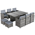 Outdoor 11pc Rattan Garden Patio Dining Set 10-Seater Cube Sofa with 6 Chairs & 4 Footrests - Mixed Grey