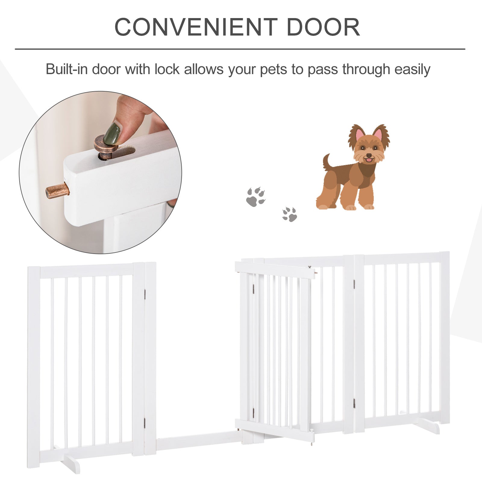 Wooden Freestanding Pet Gate 4 Panels 91cm Foldable Dog Safety Fence with 2 Support Feet Walk-through Door for Doorway Stairs White