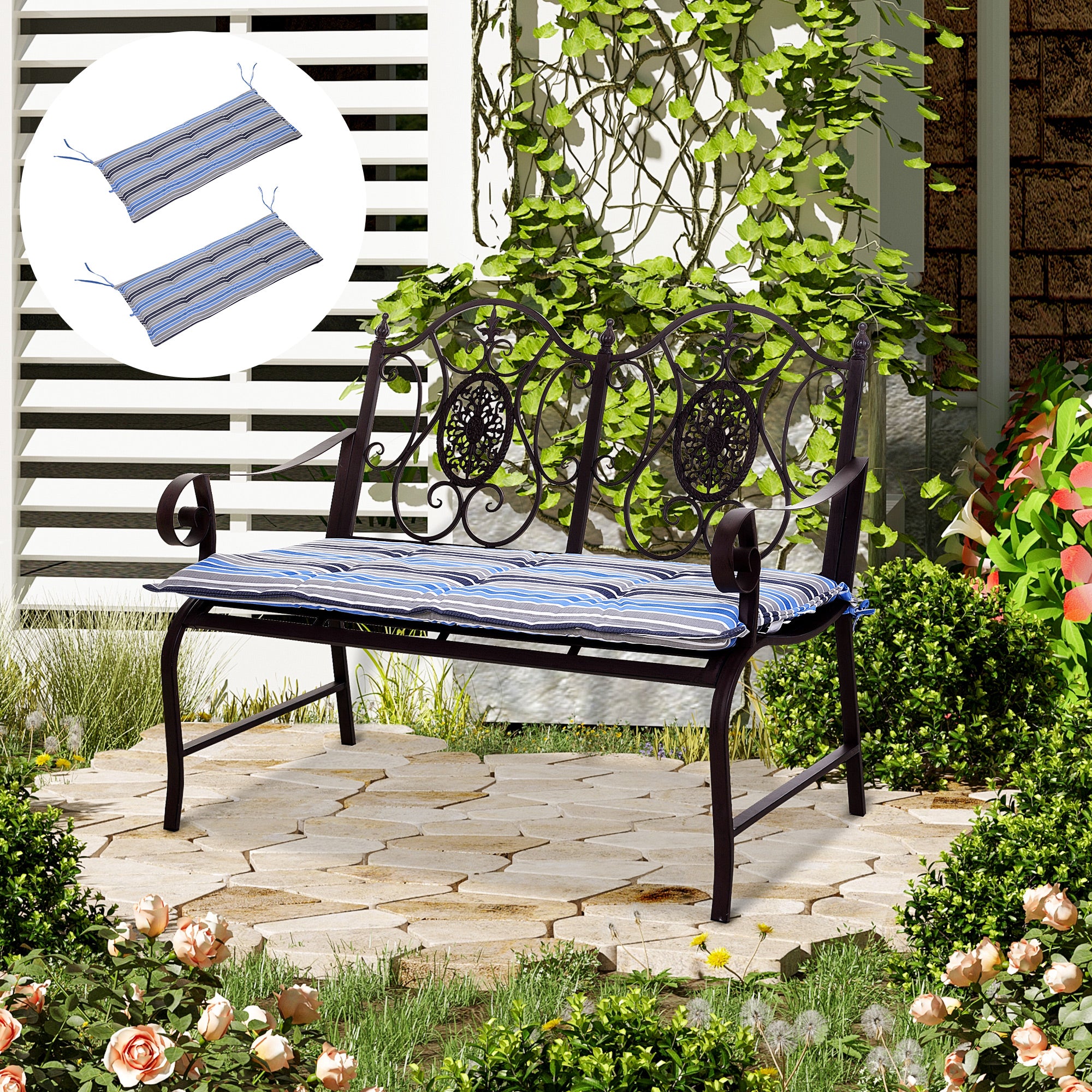 Set of 2 Outdoor Garden Patio 2-3 Seater Bench Swing Chair Cushion Seat Pad Mat Replacement 120L x 50W x 5T cm - Blue Stripes