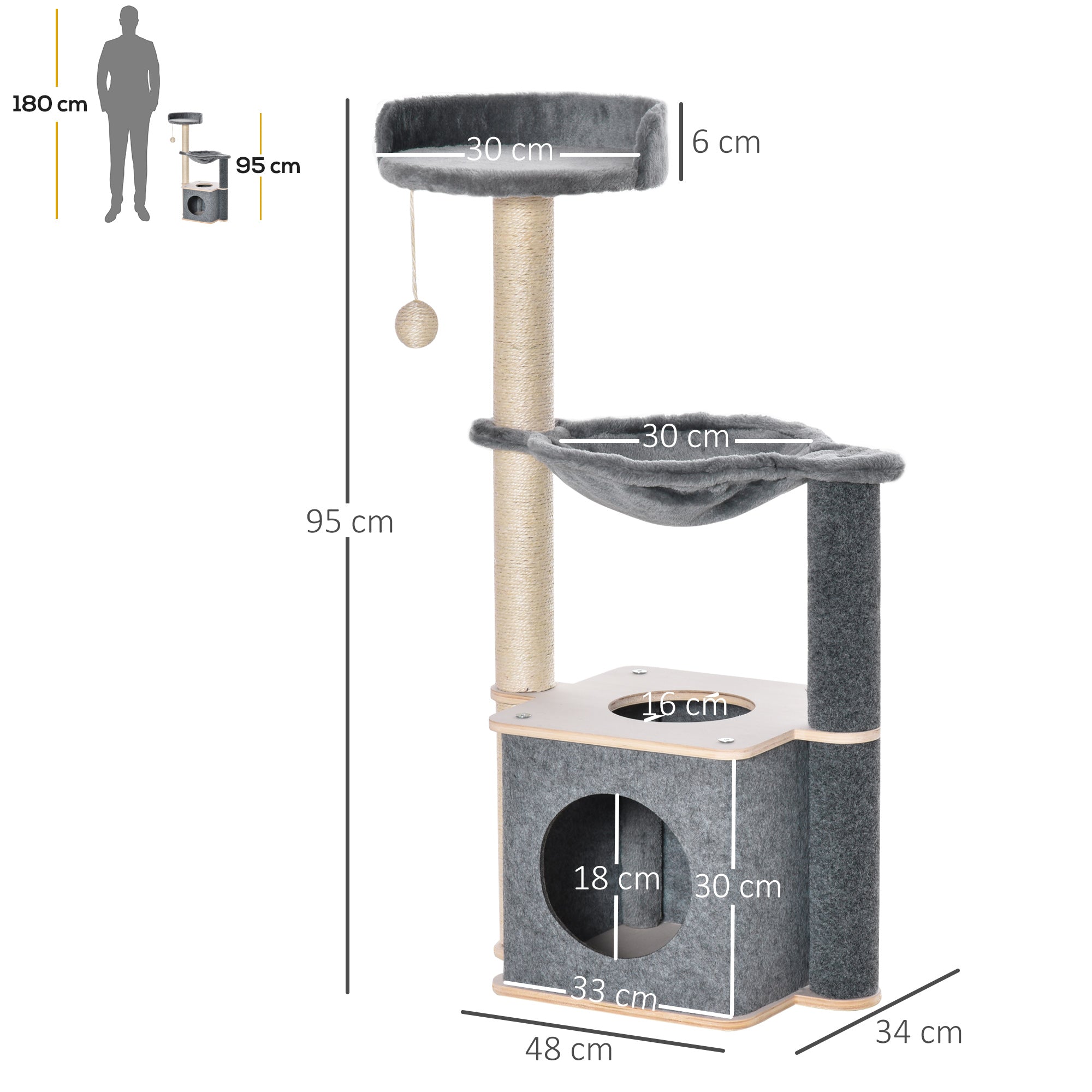 Cat Tree Cat Tower 95cm Climbing Kitten Activity Center with Sisal Scratching Post Perch Roomy Condo Hammock, Grey