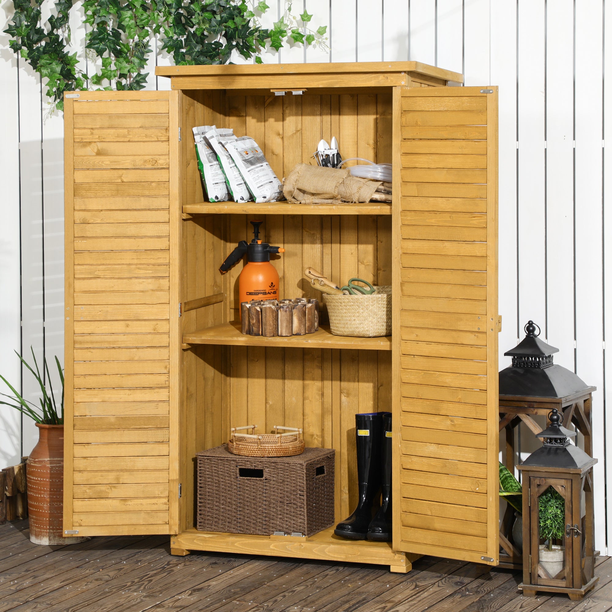 Wooden Garden Storage Shed, Compact Utility Sentry Unit, 3-Tier Shelves Tool Cabinet Organizer with Asphalt Roof and Shutter Design