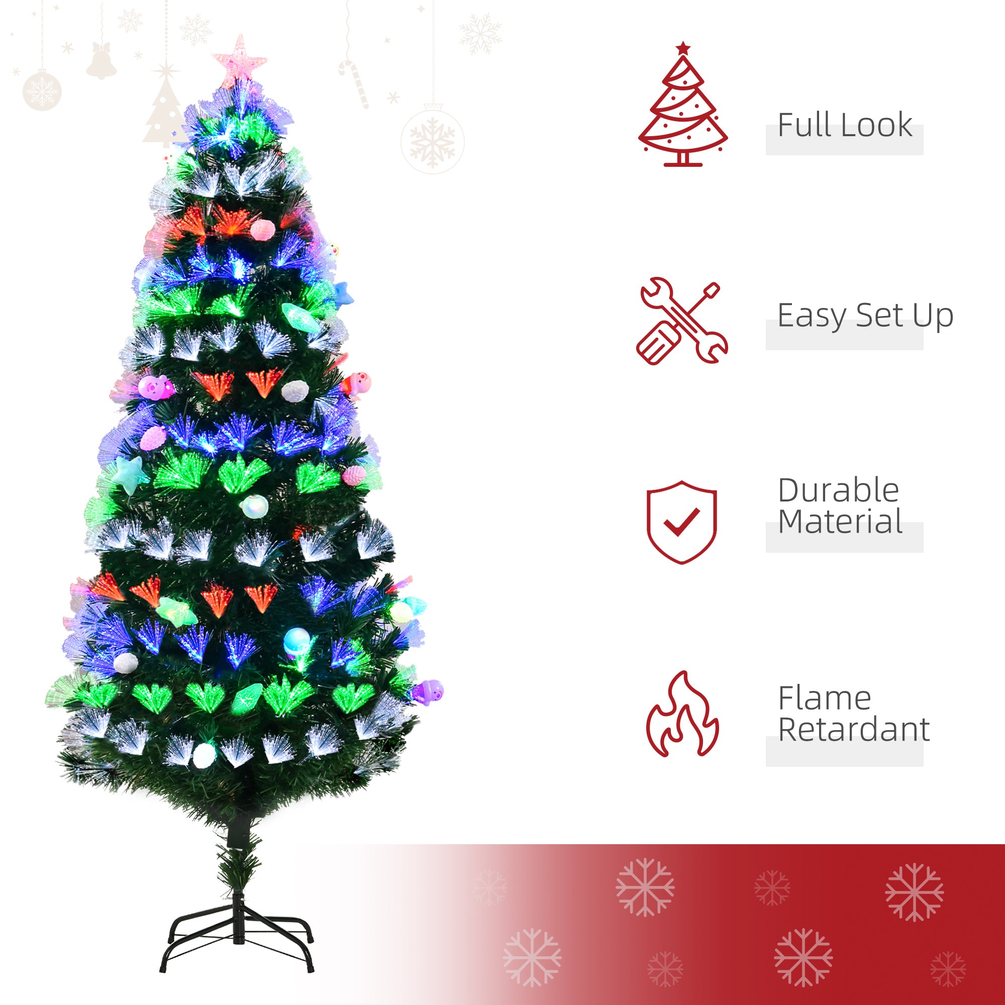 6FT Pre-Lit Artificial Christmas Tree w/ Fibre Optic Baubles Fitted Star LED Light Holiday Home Xmas Decoration-Green