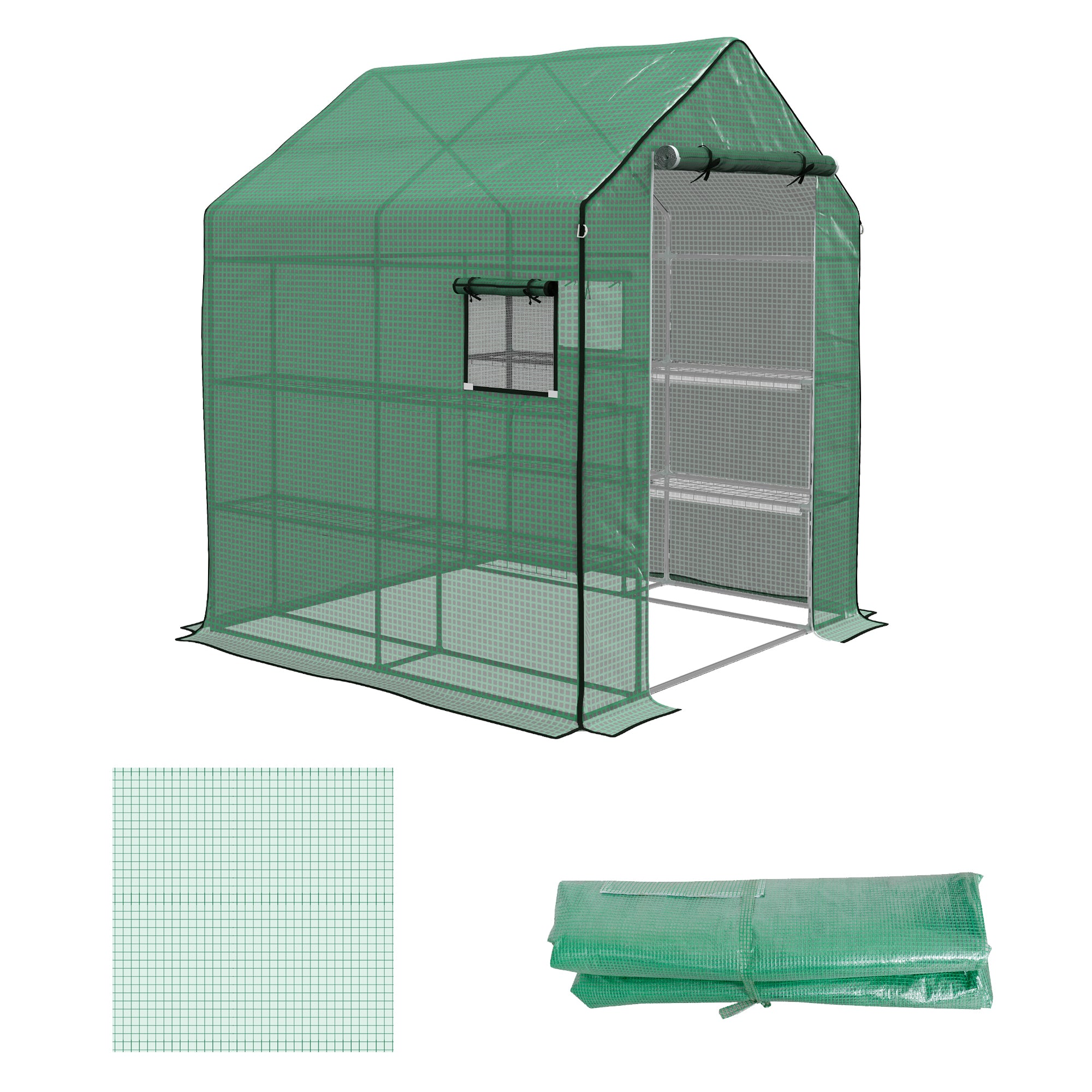 Greenhouse Cover Replacement Walk-in PE Hot House Cover with Roll-up Door and Windows, 140 x 143 x 190cm, Green