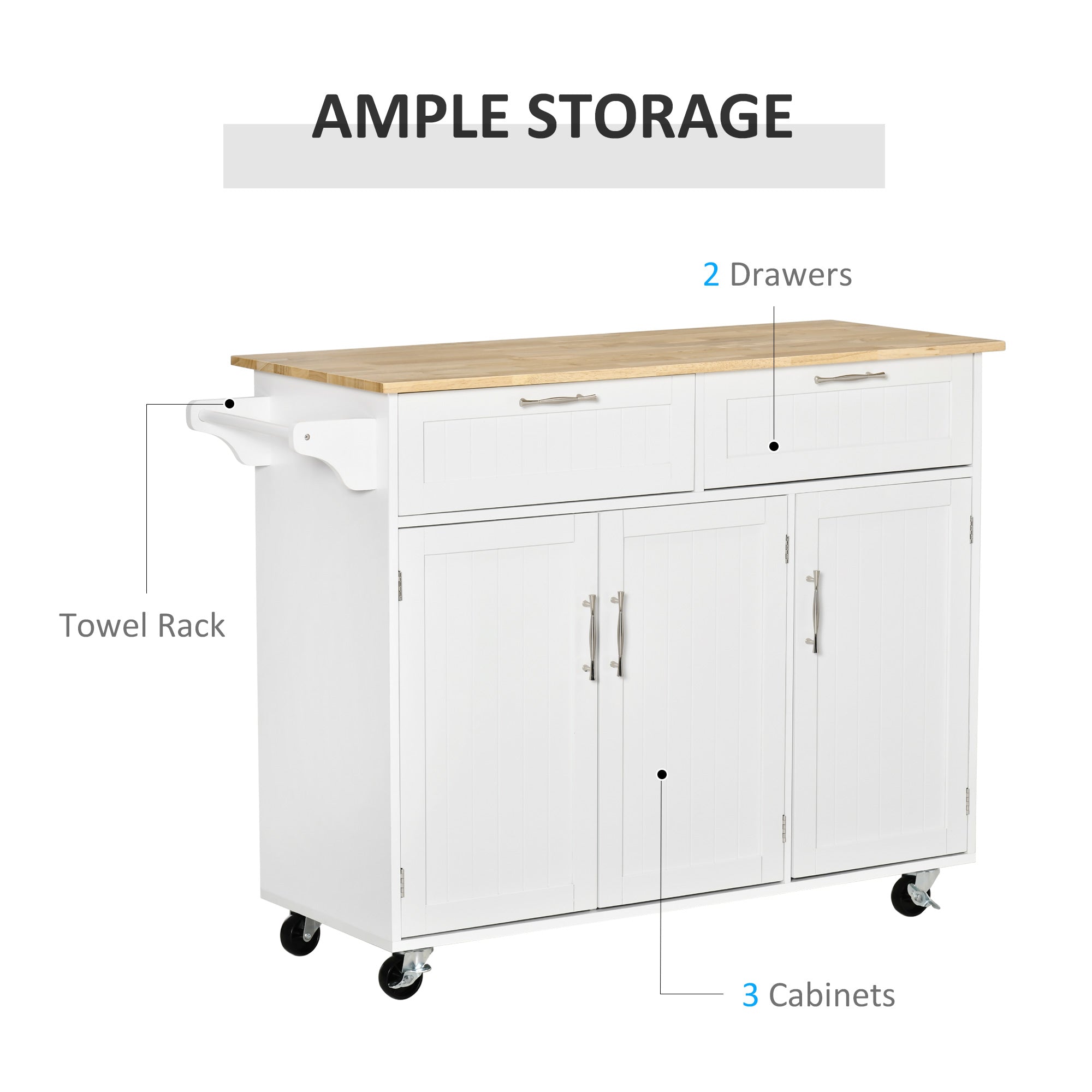 Kitchen Island Utility Cart, with 2 Storage Drawers & Cabinets for Dining Room, White