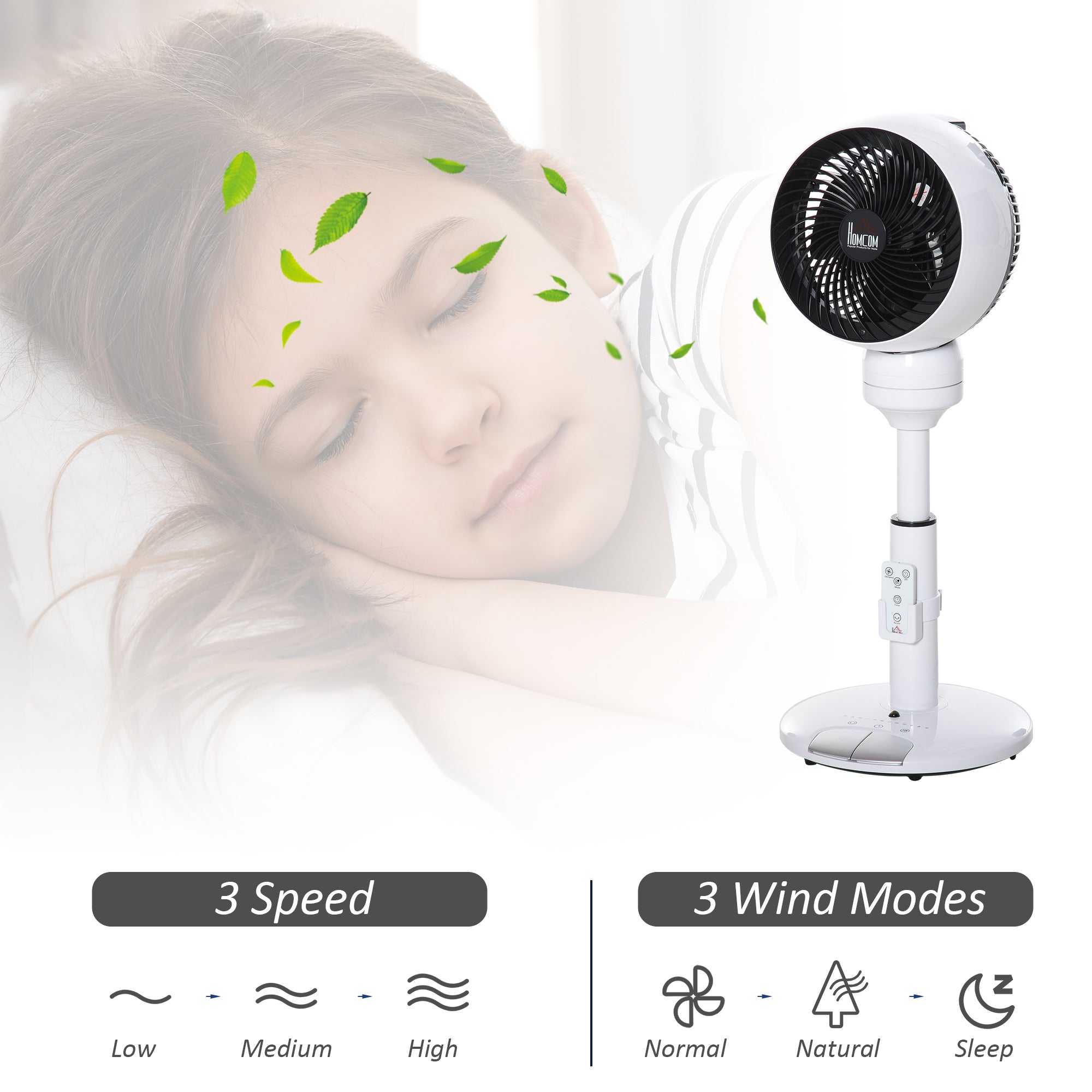 28'' Air Circulator Fan 3 Speed 3 Mode, 70° Oscillation 90° Vertical Tilt, Height Adjustable, Remote Controller for Living Room, Black & White