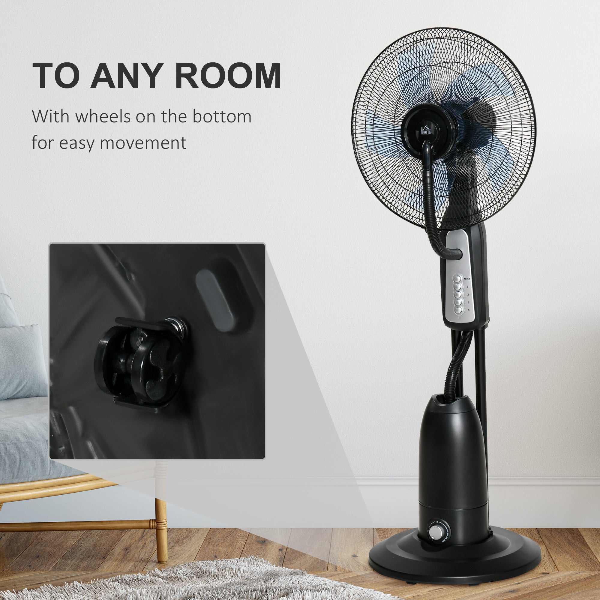 Pedestal Fan with Water Mist Spray, Standing Fan, Humidifying Misting Fan with 3 Speeds, 2.8L Water Tank, Black