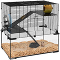 3 Tier Hamster Cage with Glass Base, Exercise Wheel, Ramps & Hut for Syrian & Dwarf Hamsters - Black