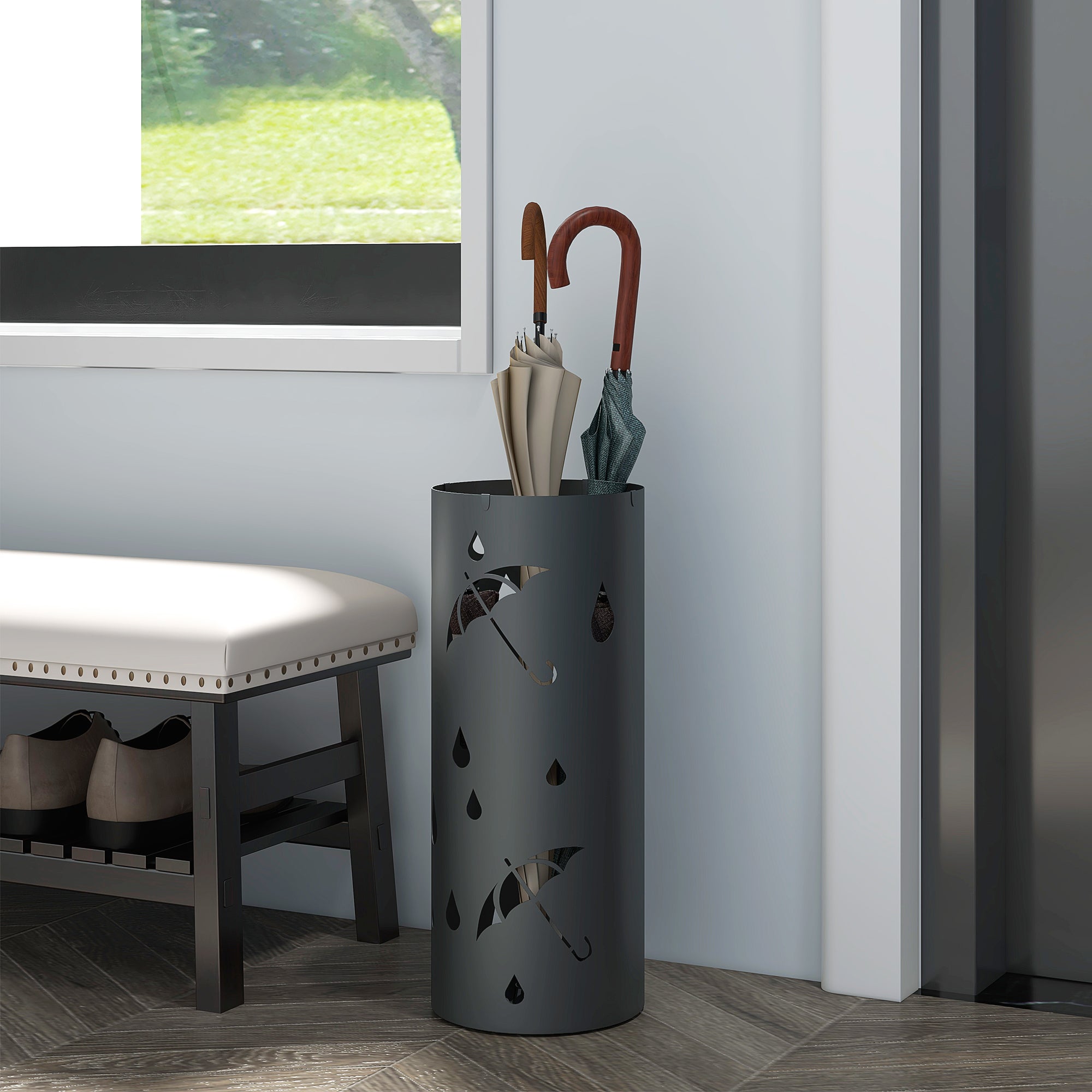 Freestanding Umbrella Stand for Hallway, Round Umbrella Basket with 4 Hooks and Drip Tray for Entryway, Dark Grey