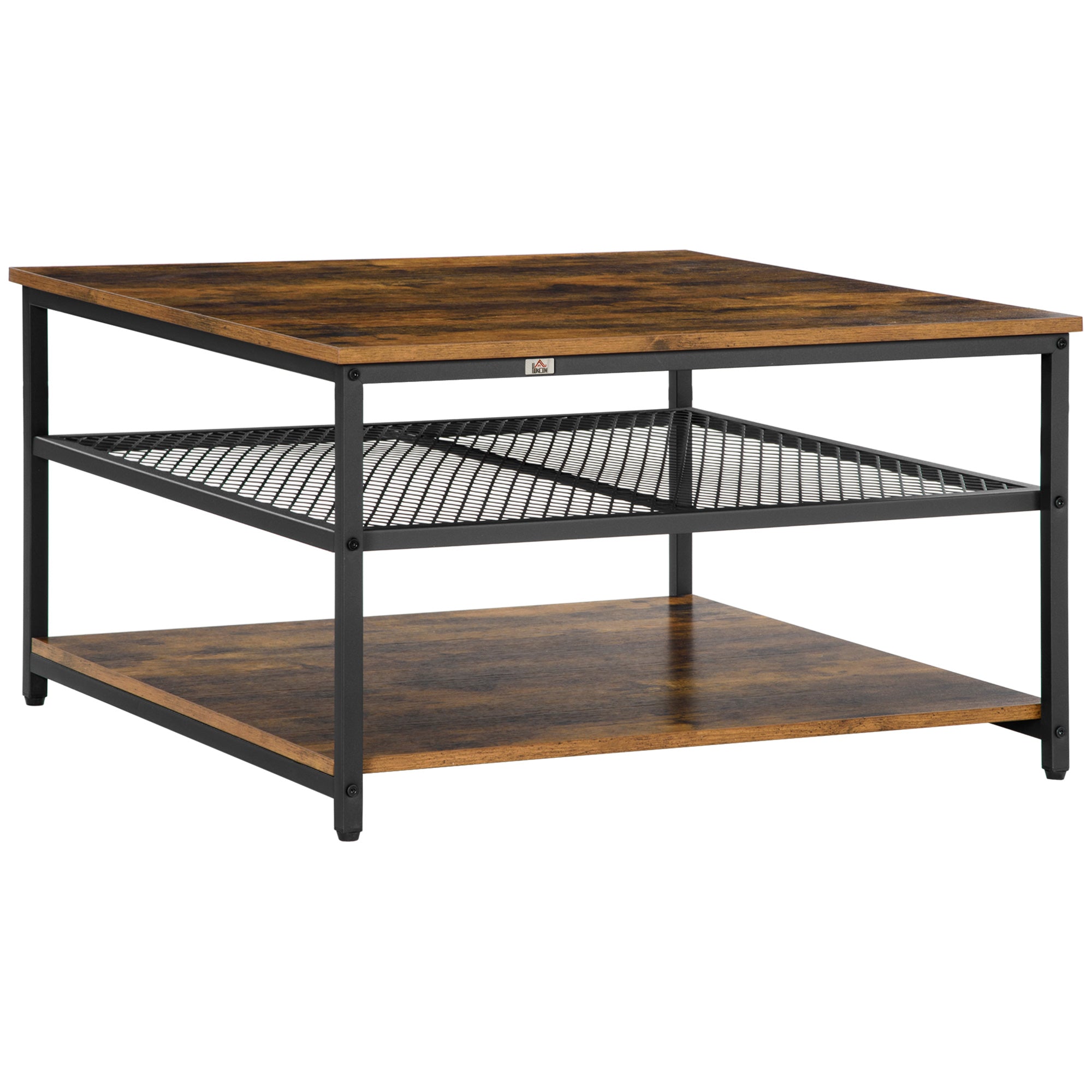 Industrial Coffee Table, Square Cocktail Table with 3-Tier Storage Shelves for Living Room, Rustic Brown