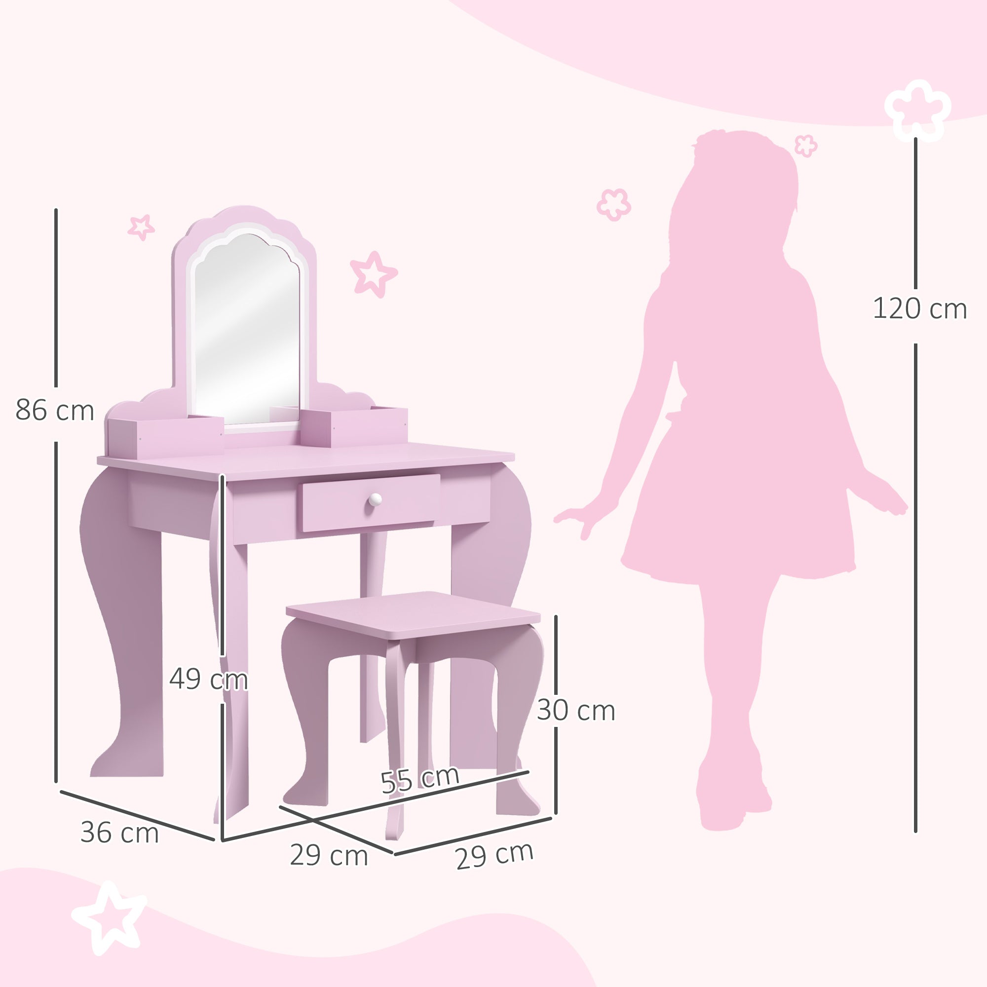 Kids Vanity Table with Mirror and Stool, Cloud Design, Drawer, Storage Boxes, for 3-6 Years Old - Pink