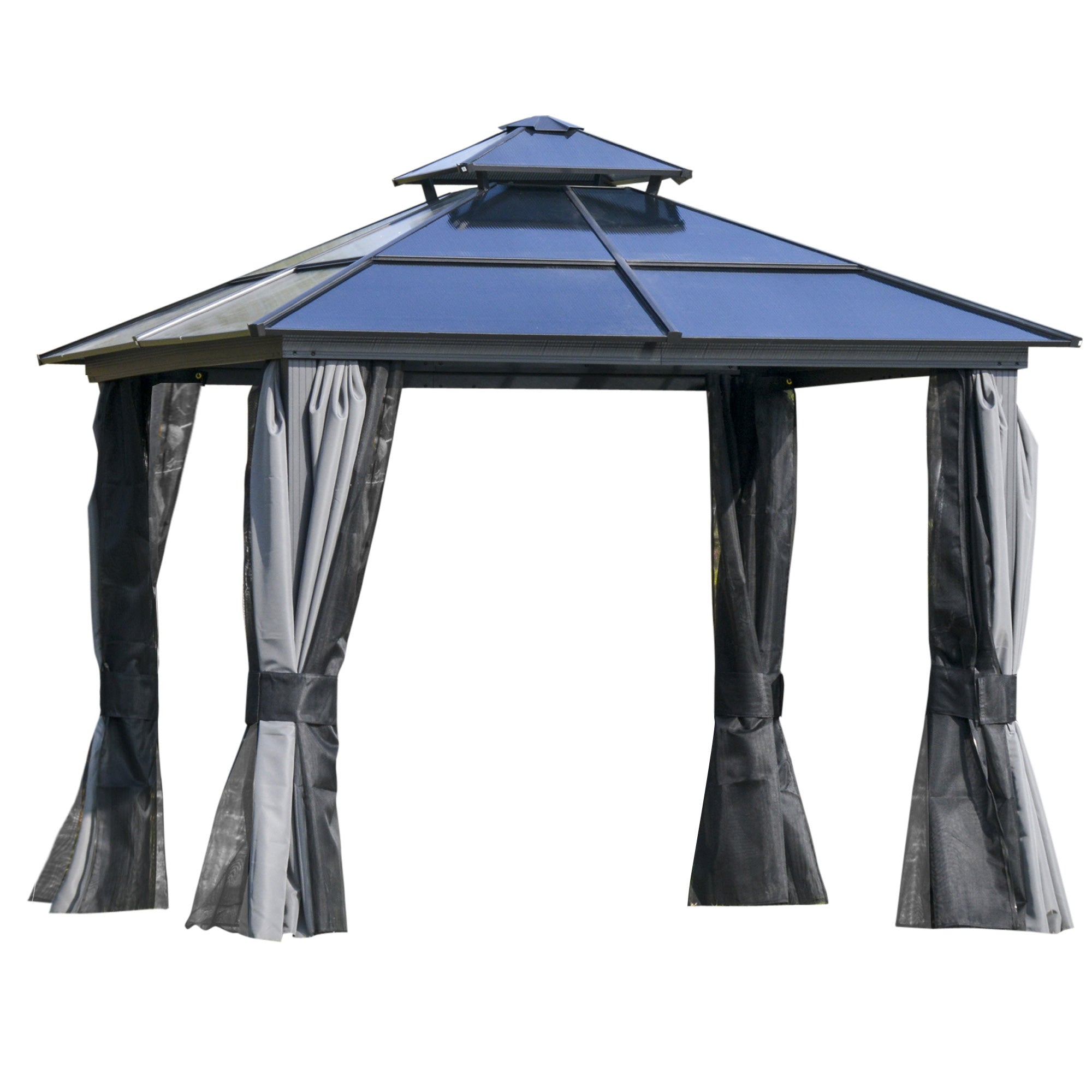 3 x 3(m) Polycarbonate Hardtop Gazebo Canopy with Double-Tier Roof and Aluminium Frame, Garden Pavilion with Mosquito Netting and Curtains