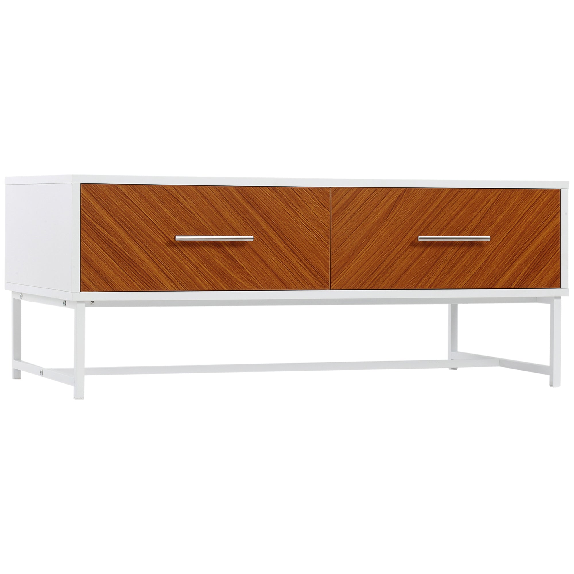 Modern Coffee Table, Rectangular Cocktail Table with Drawers and Open Storage Compartment, Metal Legs for Living Room