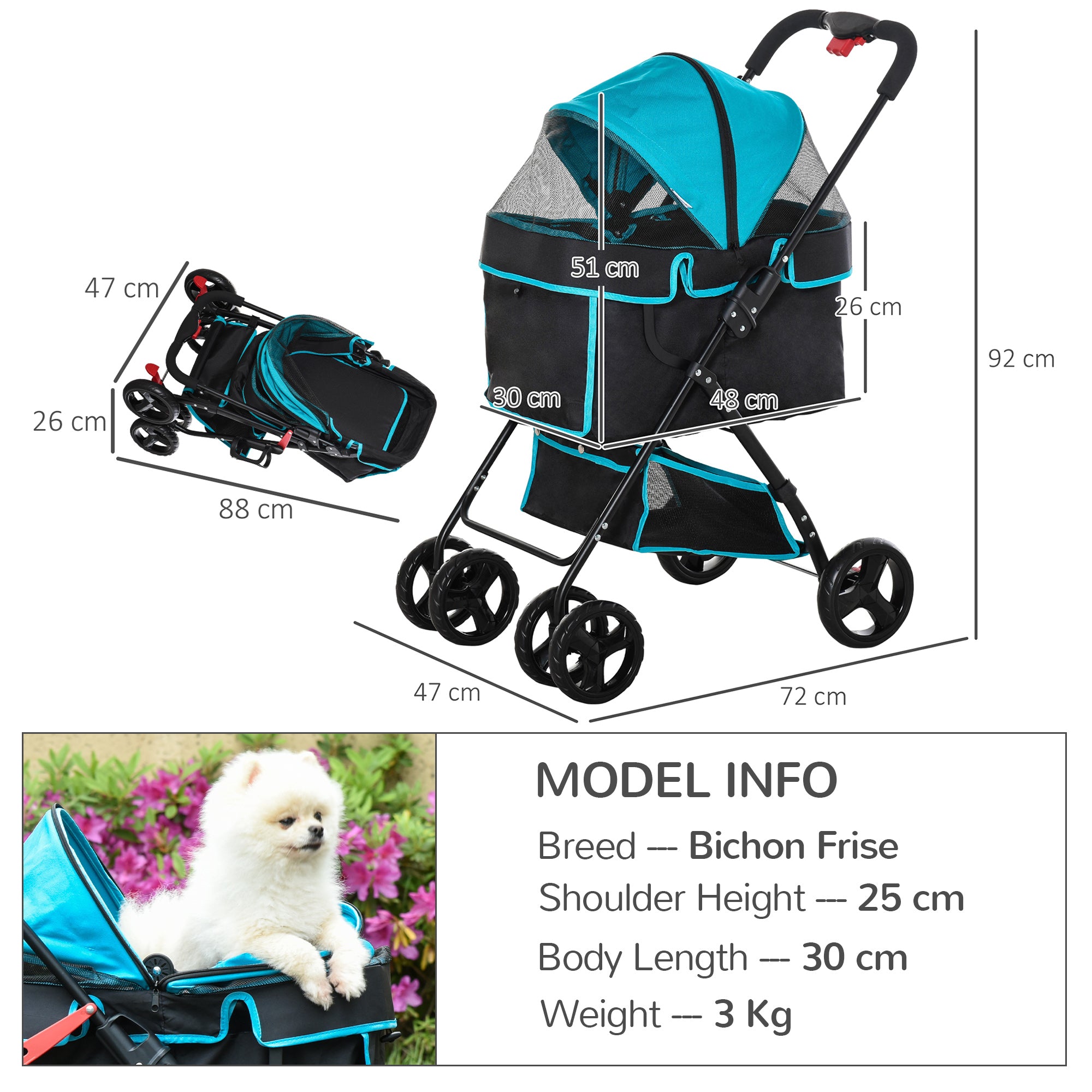 Pet Stroller Pushchair Travel One-Click Fold Trolley with EVA Wheels Brake Removable Cloth Basket Bottle Holder Adjustable Canopy Safety Leash