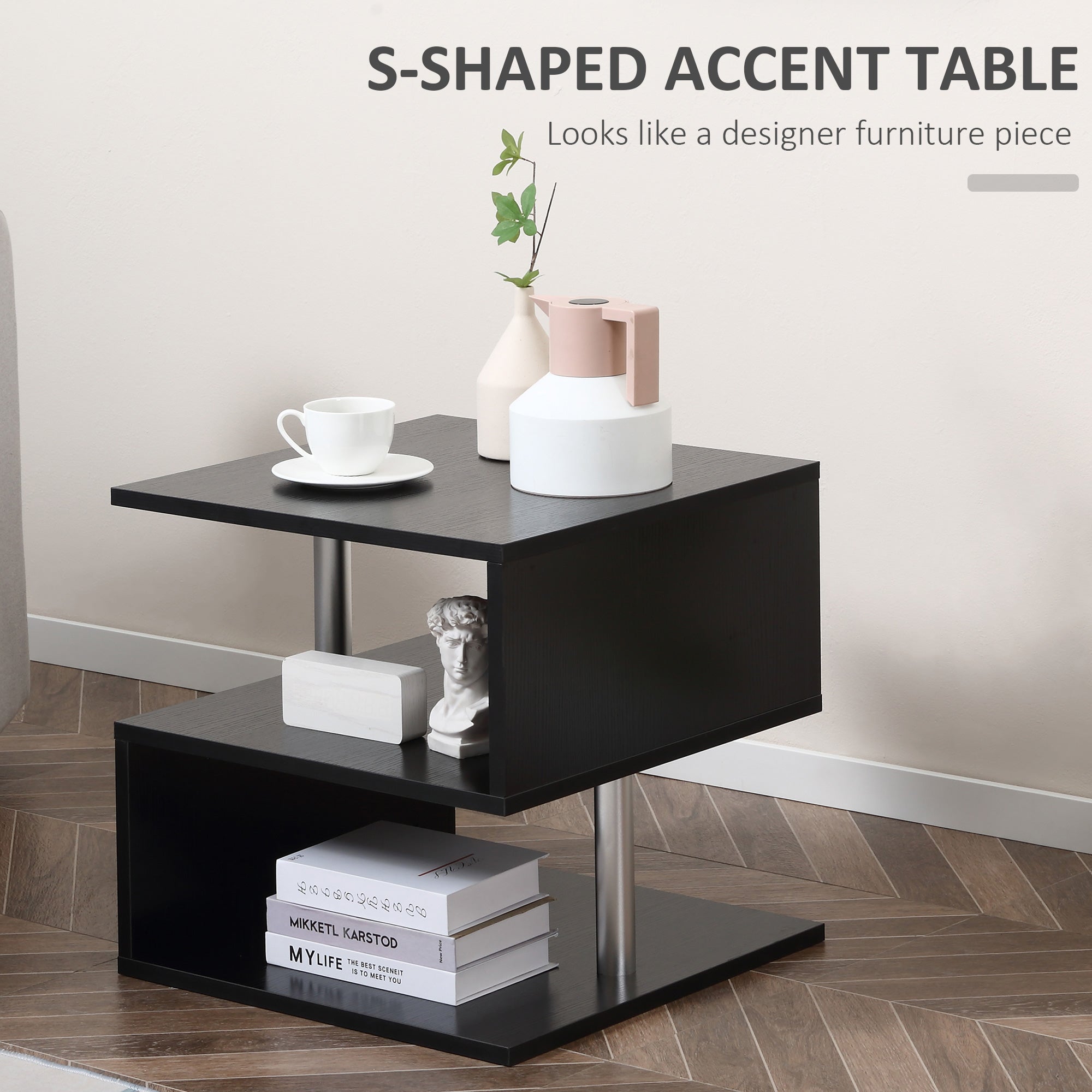 Coffee End Table S shape 2 Tier Storage Shelves Organizer Versatile Home office furniture (Black)