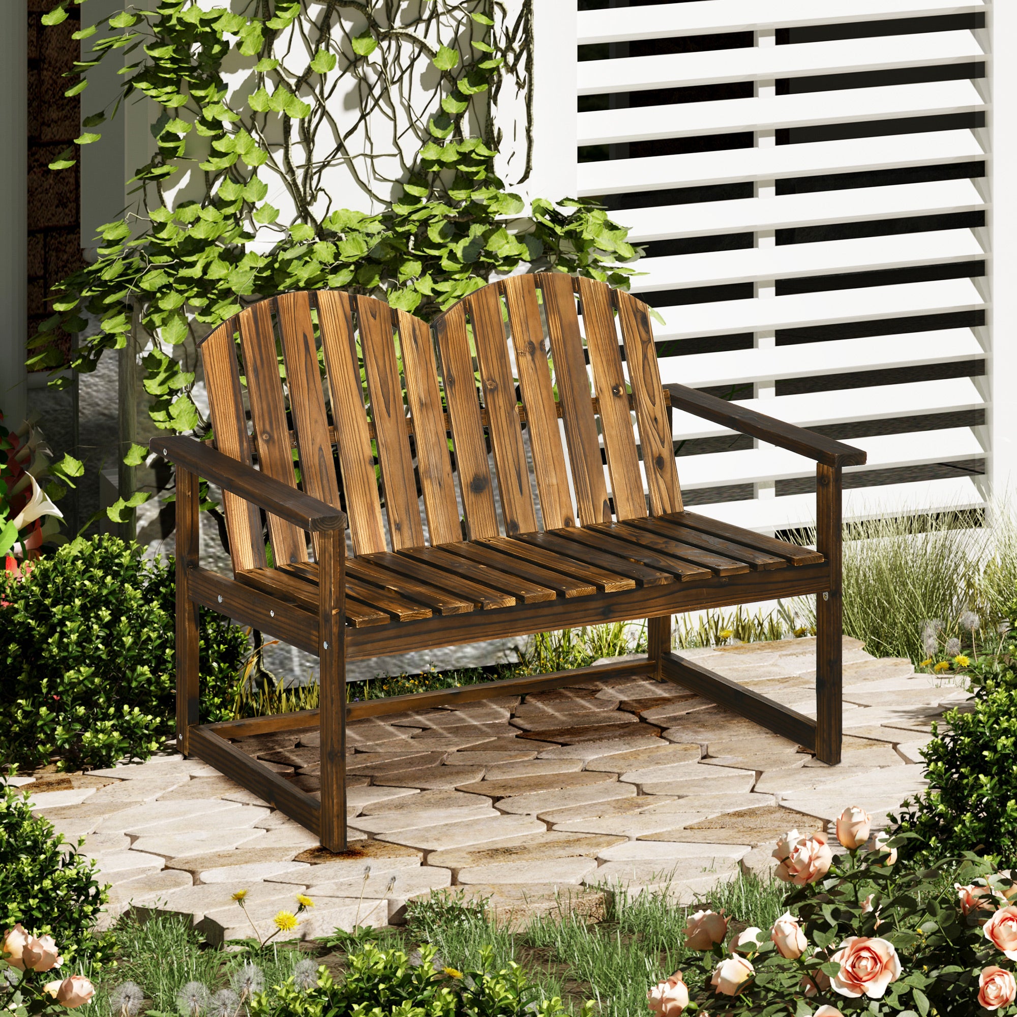 2 Seater Outdoor Wooden Garden Bench with Carbonised Finish