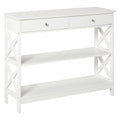 Console Table Side Desk with Drawers and Shelves, X Support Frame - White