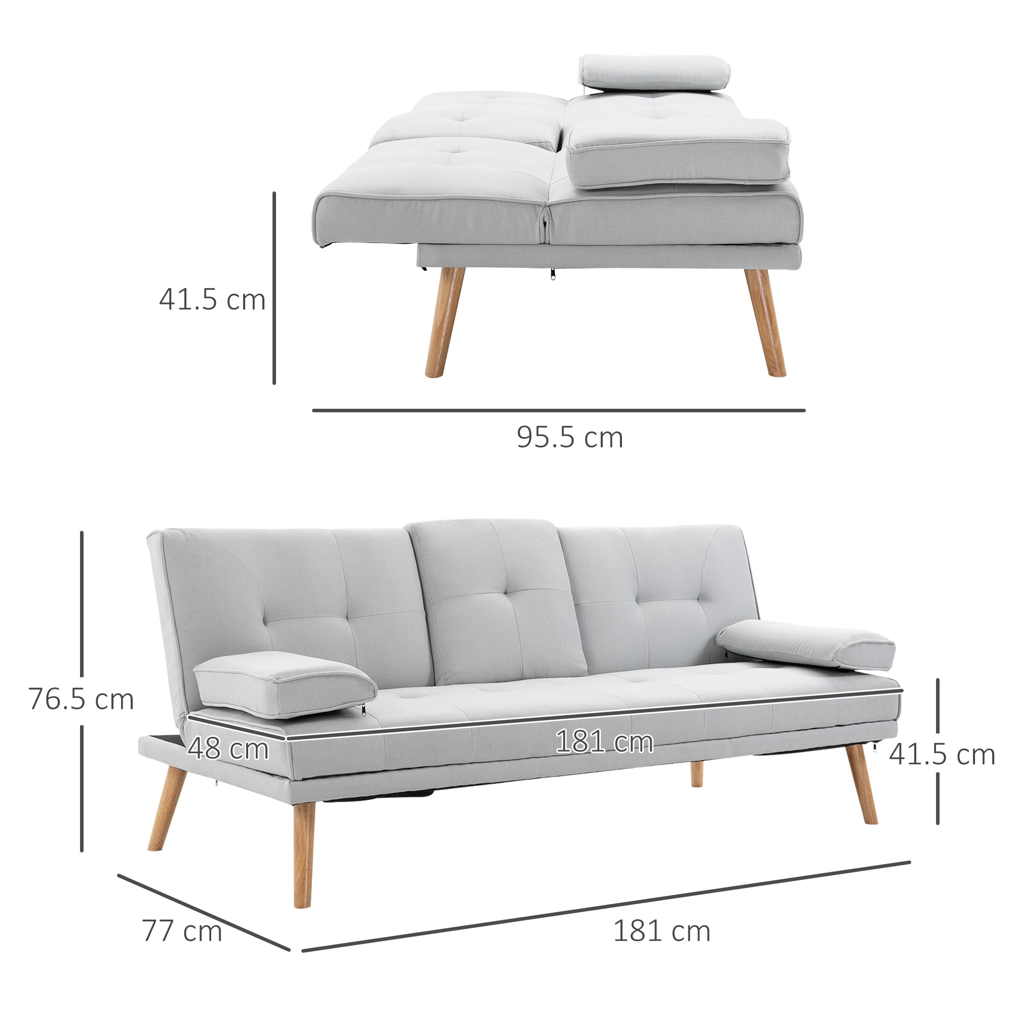 3 Seater Sofa Bed Scandinavian Style Recliner Thick Cushions Adjustable Split Back Middle Table with Armrest Cup Holder, 72H x 181W