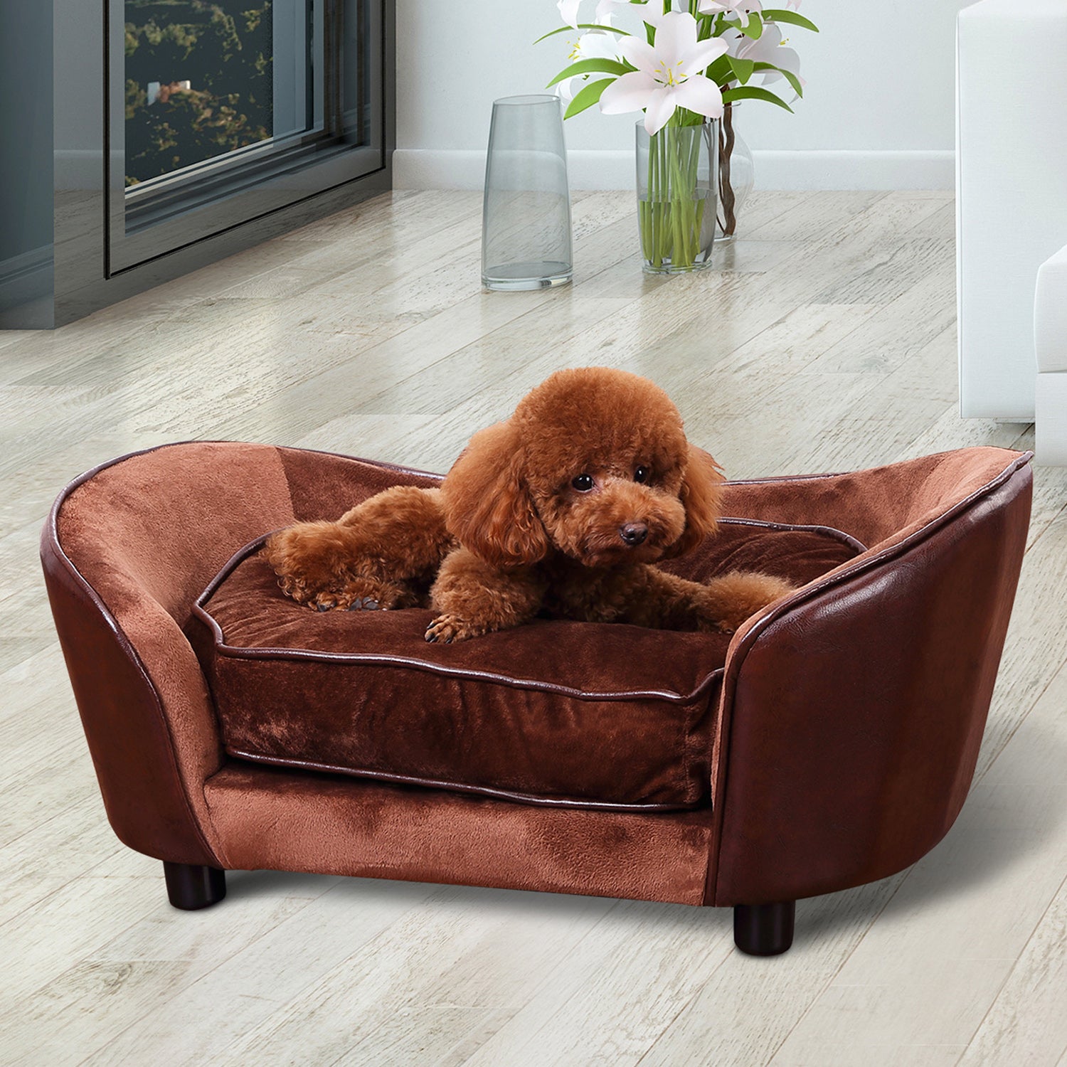 Dog Sofa Chair with Legs, Pet Couch with Soft Cushion for Small Dogs Cats, Brown, 78 x 57 x 35.5 cm