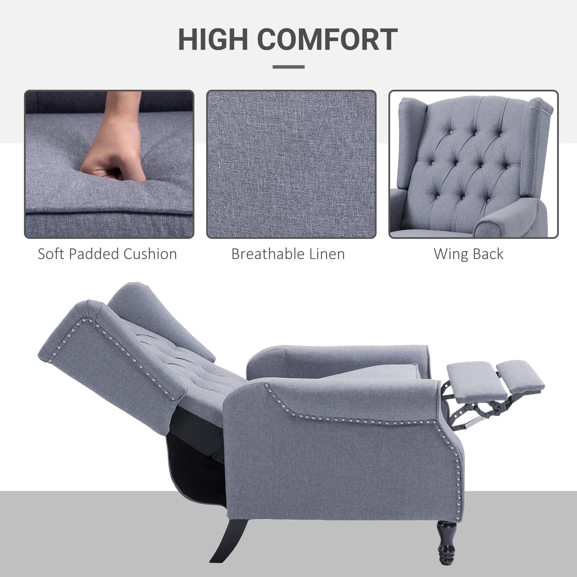 Recliner Armchair for Living Room, Reclining Chair, Wingback Chair with Button Tufted Back and Footrest, Light Grey