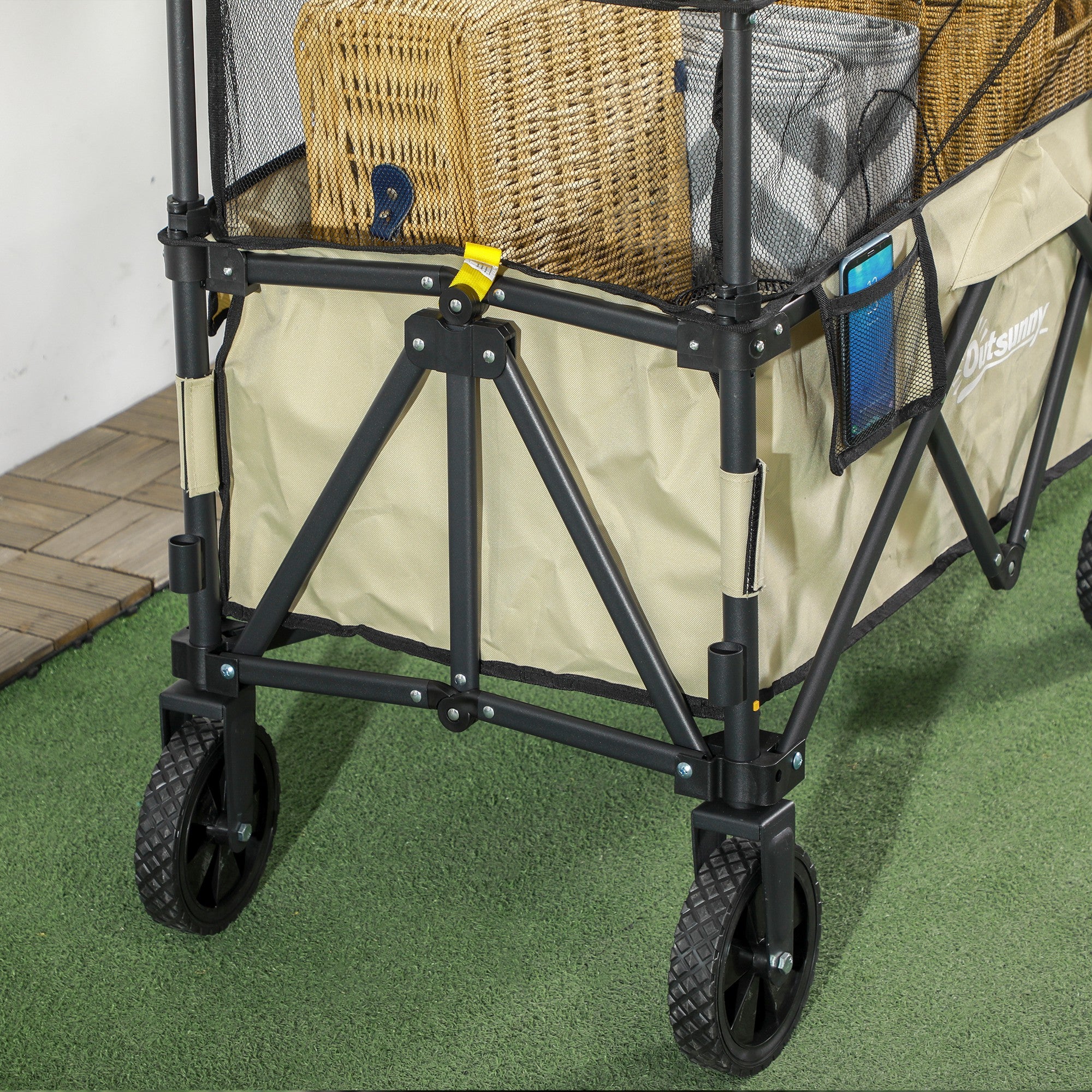 Folding Garden Trolley, 180L Wagon Cart with Extendable Side Walls, for Beach, Camping, Festival, Khaki