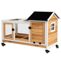 Wooden Rabbit Hutch with Removable Tray and Wheels for Guinea Pigs - Yellow