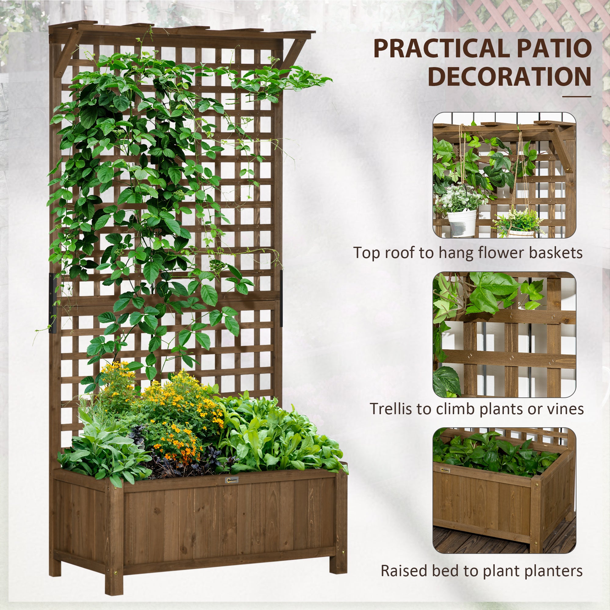 2 Pcs Raised Bed with Drainage Holes, Wood Planter with Trellis for Climbing Plants to Grow Vegetables, Flowers, Brown