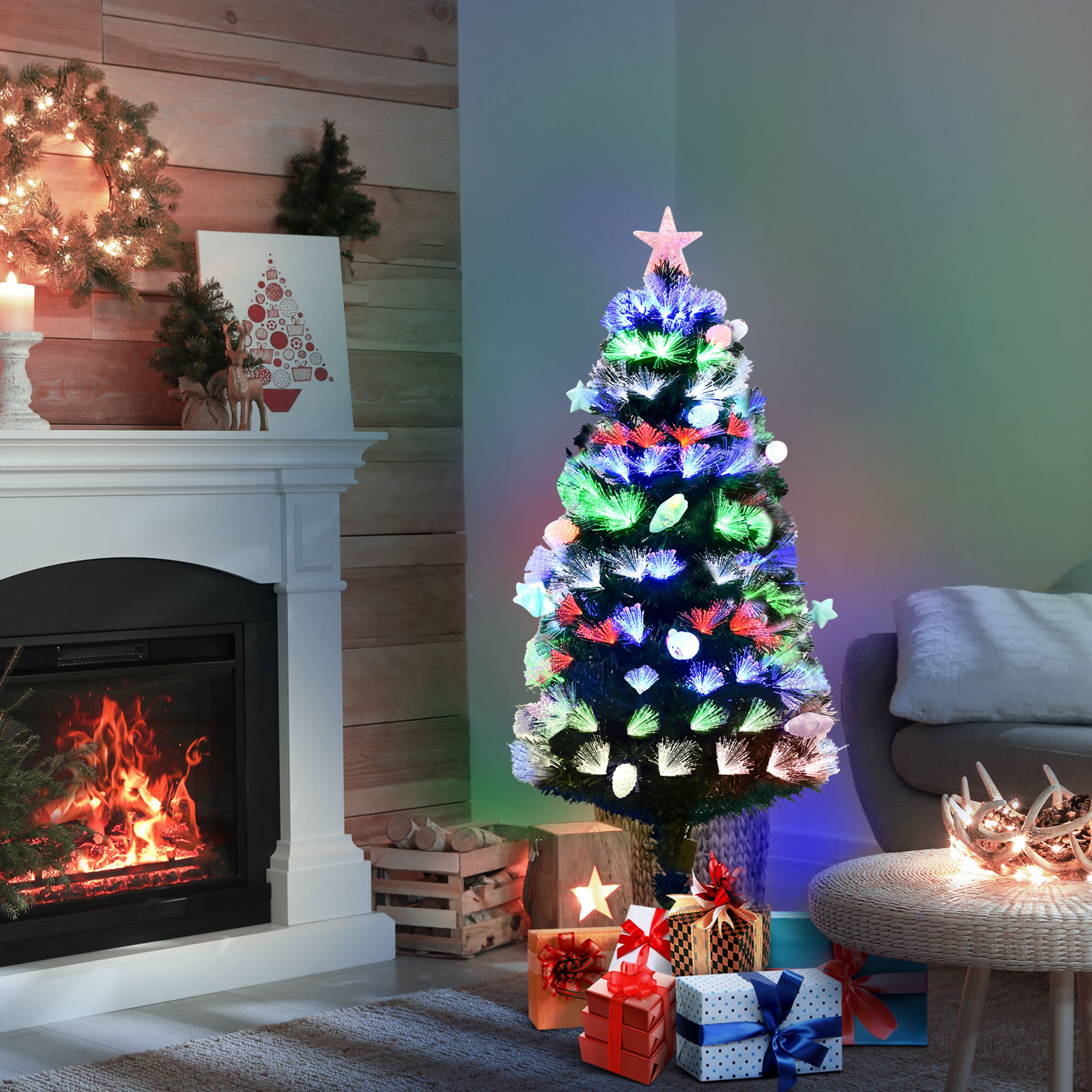 5FT Pre-Lit Artificial Christmas Tree w/ Fibre Optic Baubles Fitted Star LED Light Holiday Home Xmas Decoration-Green