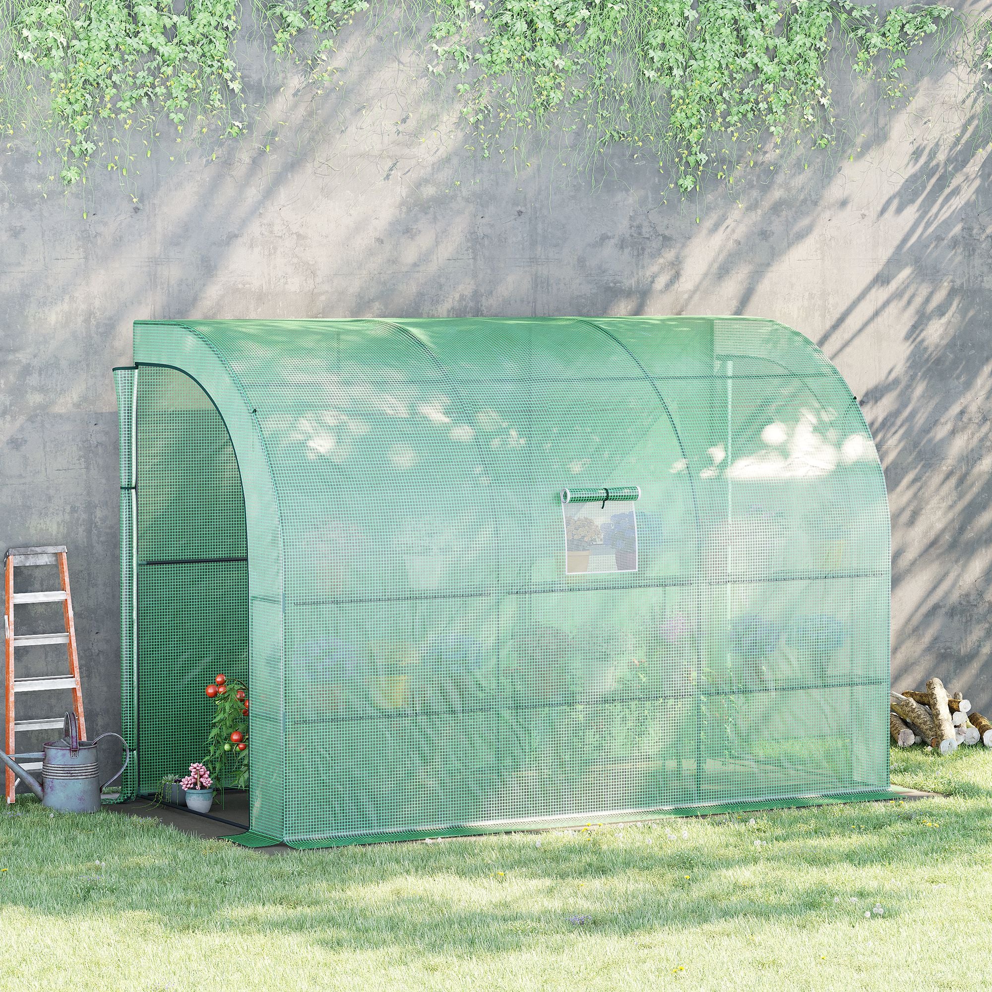 Walk-In Lean to Wall Greenhouse with Windows and Doors 2 Tiers 6 Wired Shelves 300L x 150W x 215Hcm Green