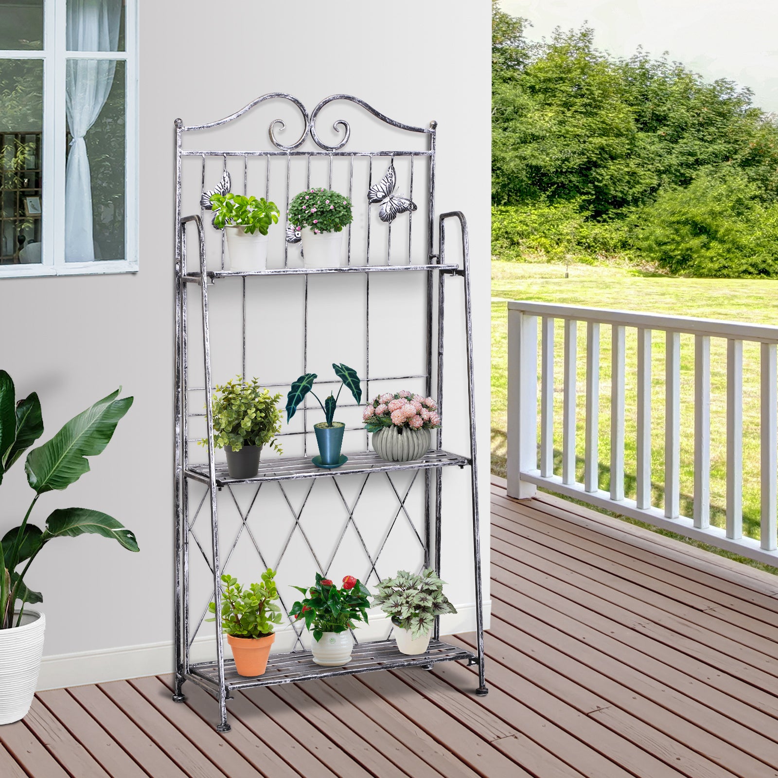 Indoor Outdoor Freestanding 3-Tier Garden Plant Stand Metal Flower Display Rack for Potted Plants Balcony Décor 44L x 25W x 96H cm