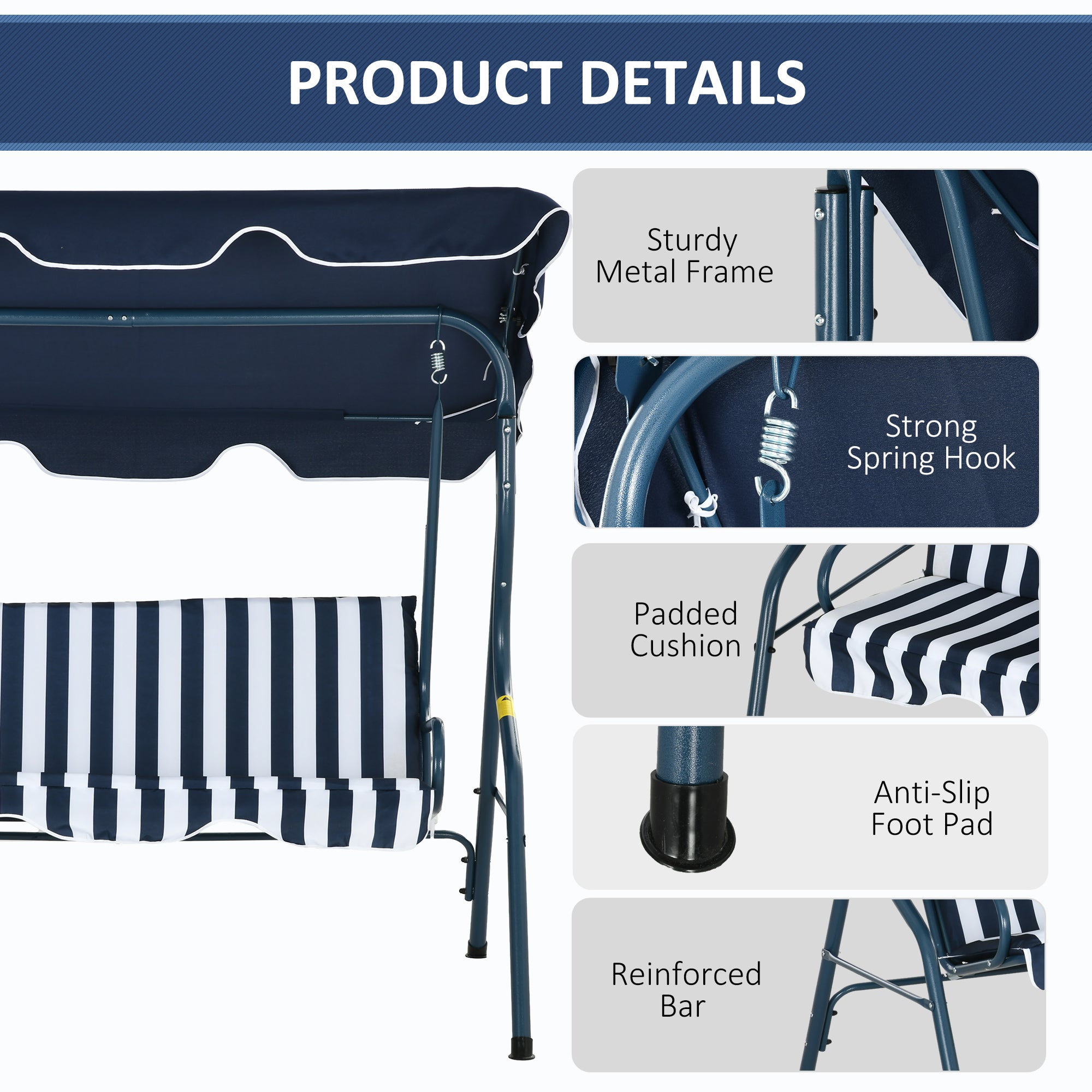 3 Seater Garden Swing Seat Chair with Adjustable Canopy and Metal Frame - Blue Stripes