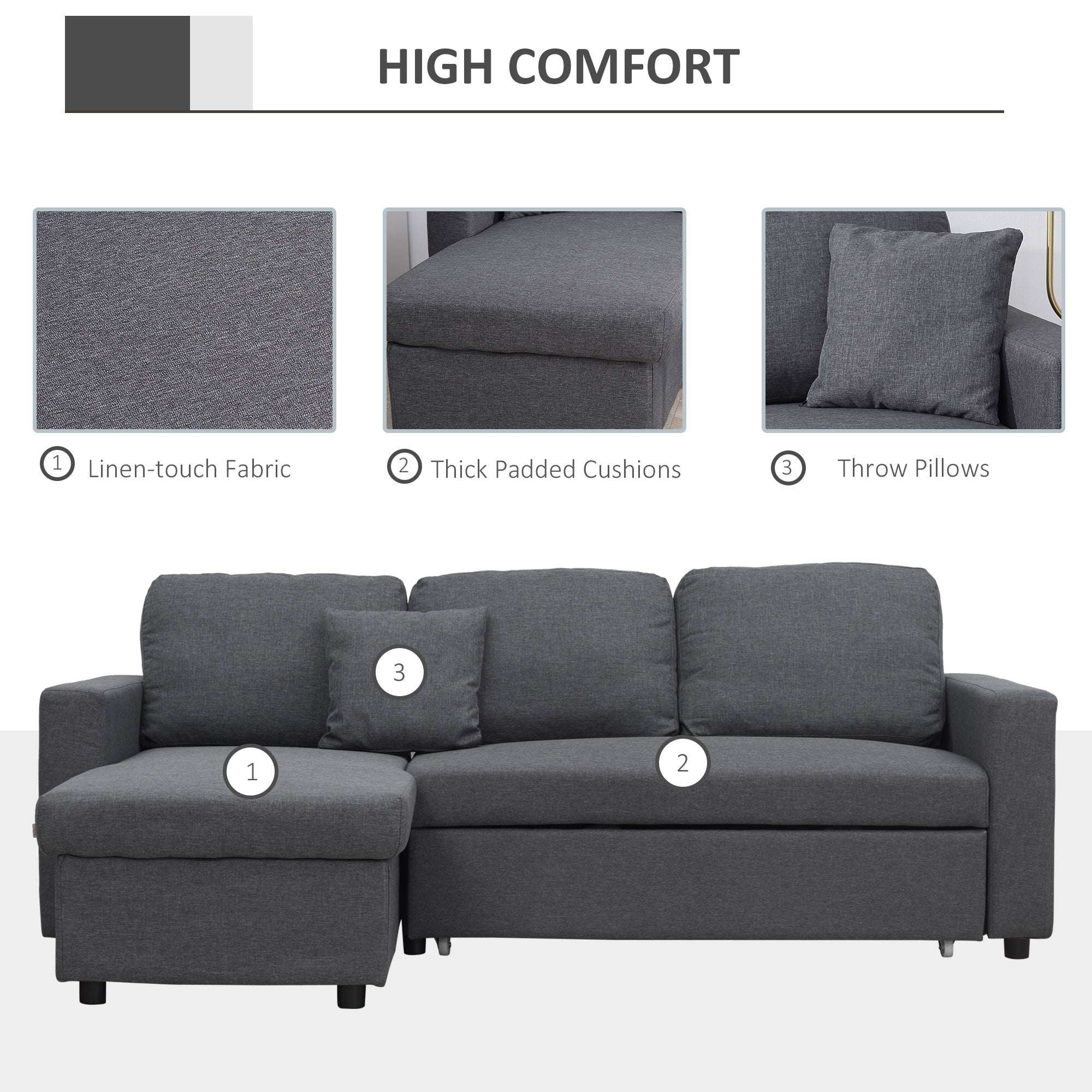3 Seater Corner Sofa Bed with Storage, L Couches for Living Room with Chaise Lounge, Double Sofa, Grey