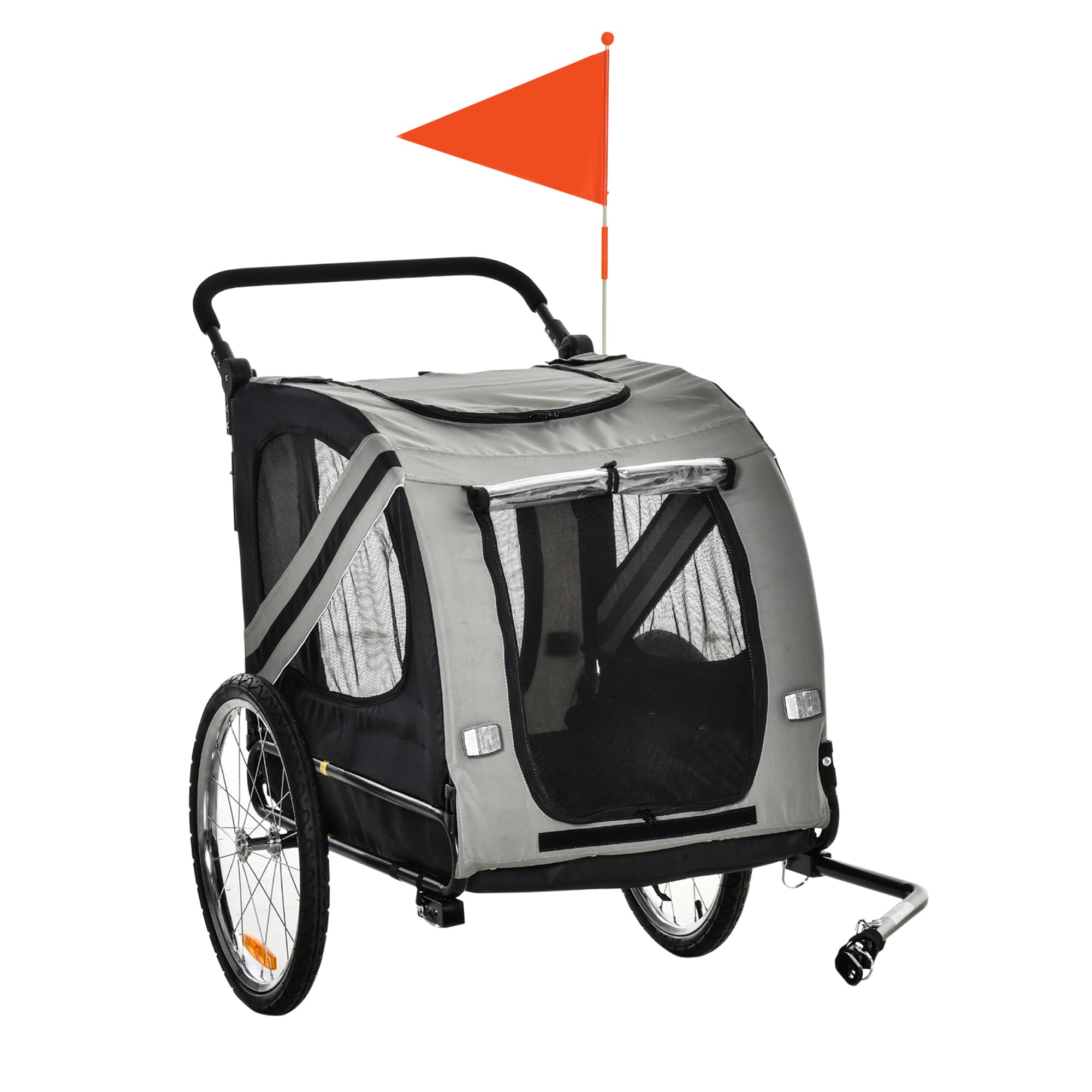 Dog Bike Trailer 2-in-1 Pet Stroller Cart Bicycle Carrier Attachment for Travel in steel frame with Universal Wheel Reflectors Flag Grey