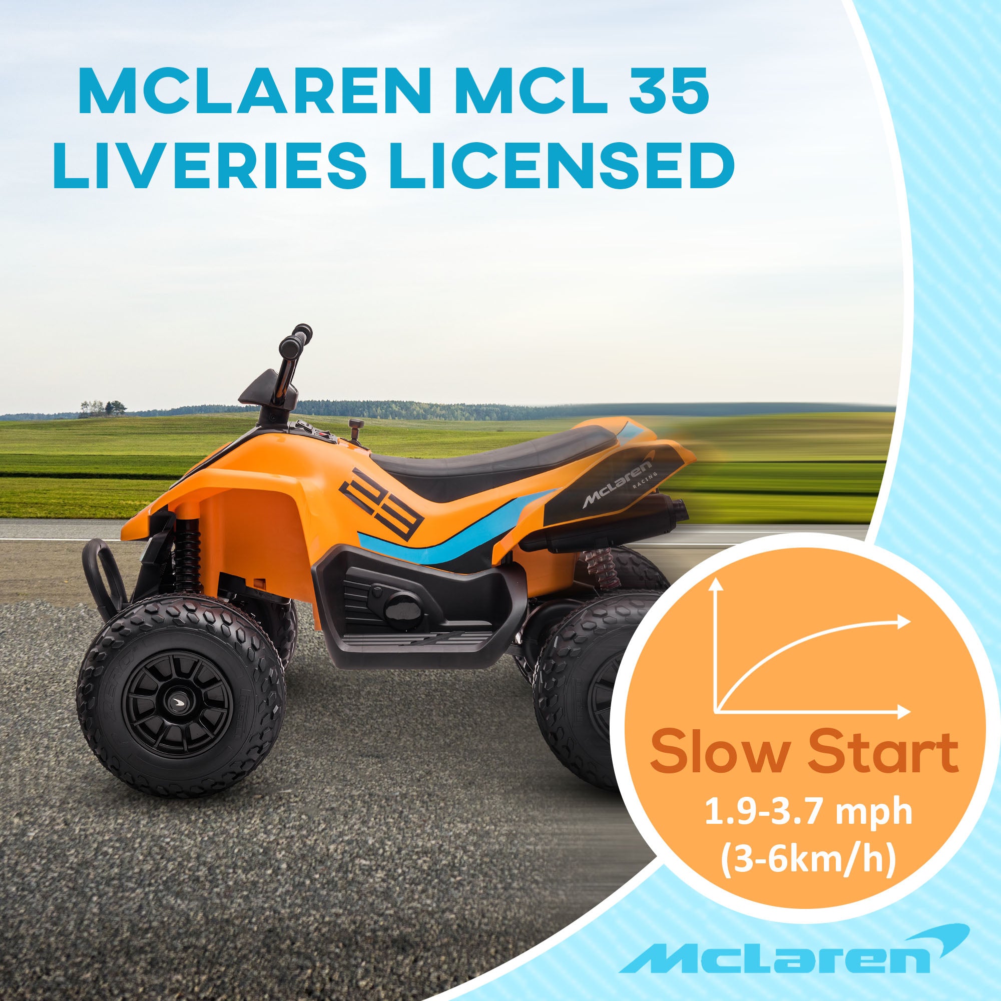 Mclaren Licensed 12V Quad Bike with Slow Start, Music, Headlights, MP3 Slot, Suspension Wheels, for 3-8 Years - Orange