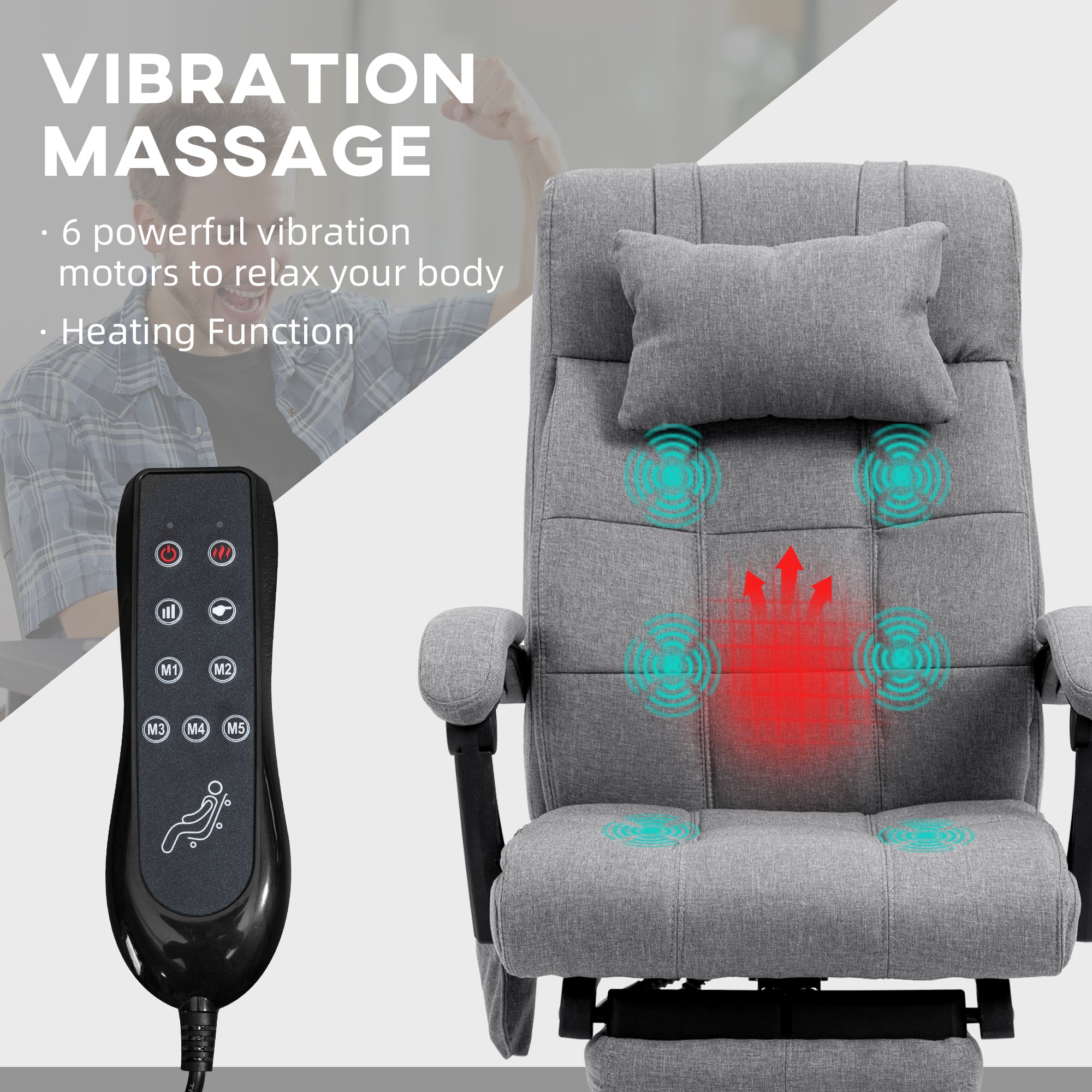 Vibration Massage Office Chair with Heat, Fabric Computer Chair with Head Pillow, Footrest, Armrest, Reclining Back, Grey