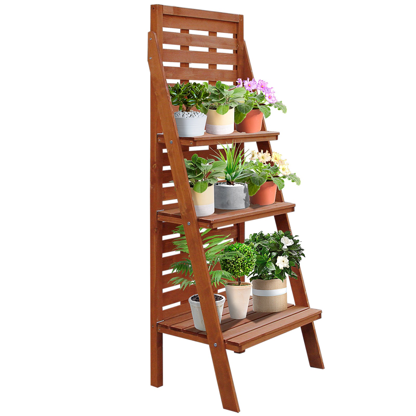 Solid Wood Three-Tier Plant Rack Outdoor Organiser Unit Flower Herb Stand Ladder Design Storage Holder