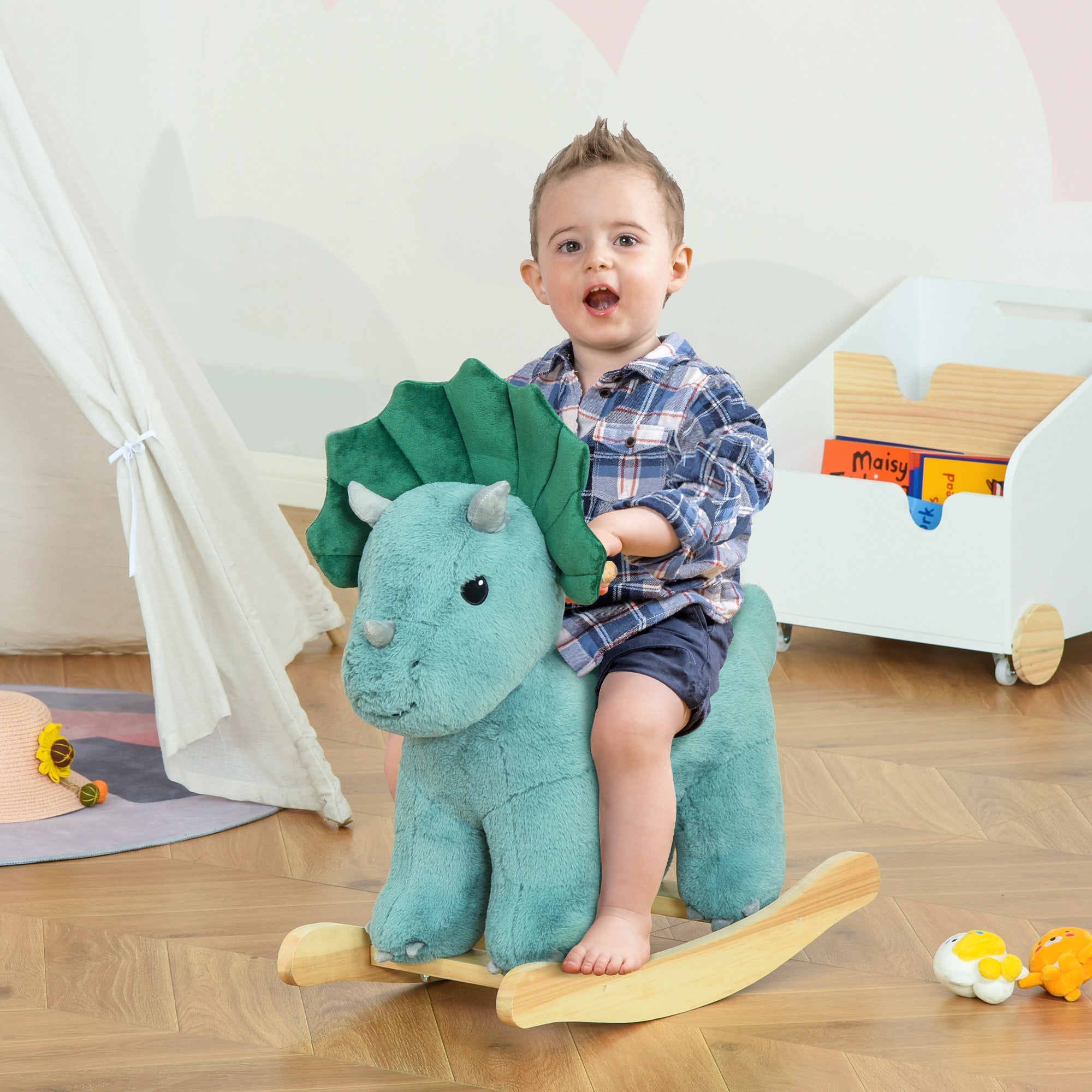 Kids Plush Ride-On Rocking Horse Triceratops-shaped Plush Toy Rocker with Realistic Sounds for Child 36-72 Months Dark Green