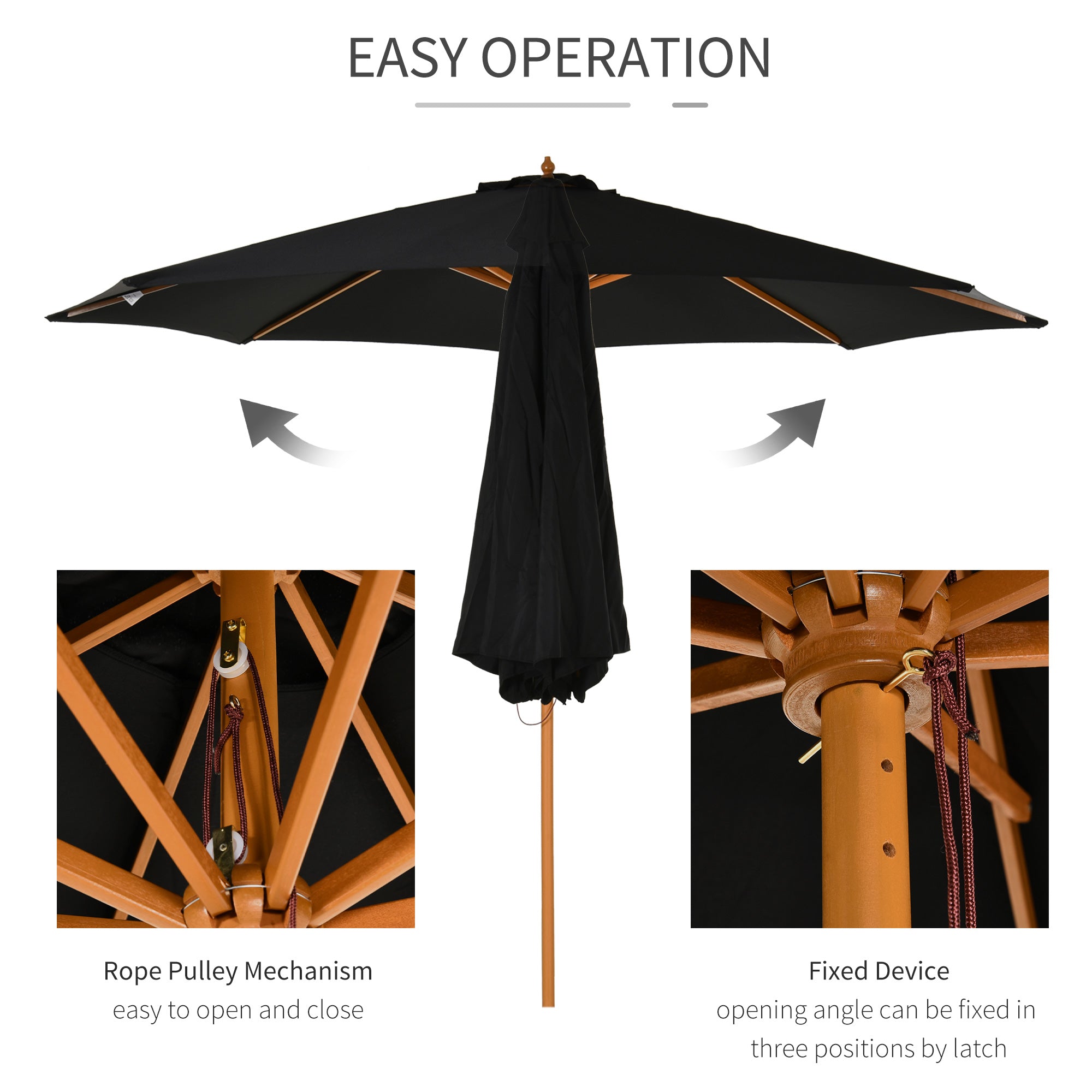 ⌀3m Bamboo Wooden Market Patio Umbrella Garden Parasol Outdoor Sunshade Canopy, 8-ribs,Black