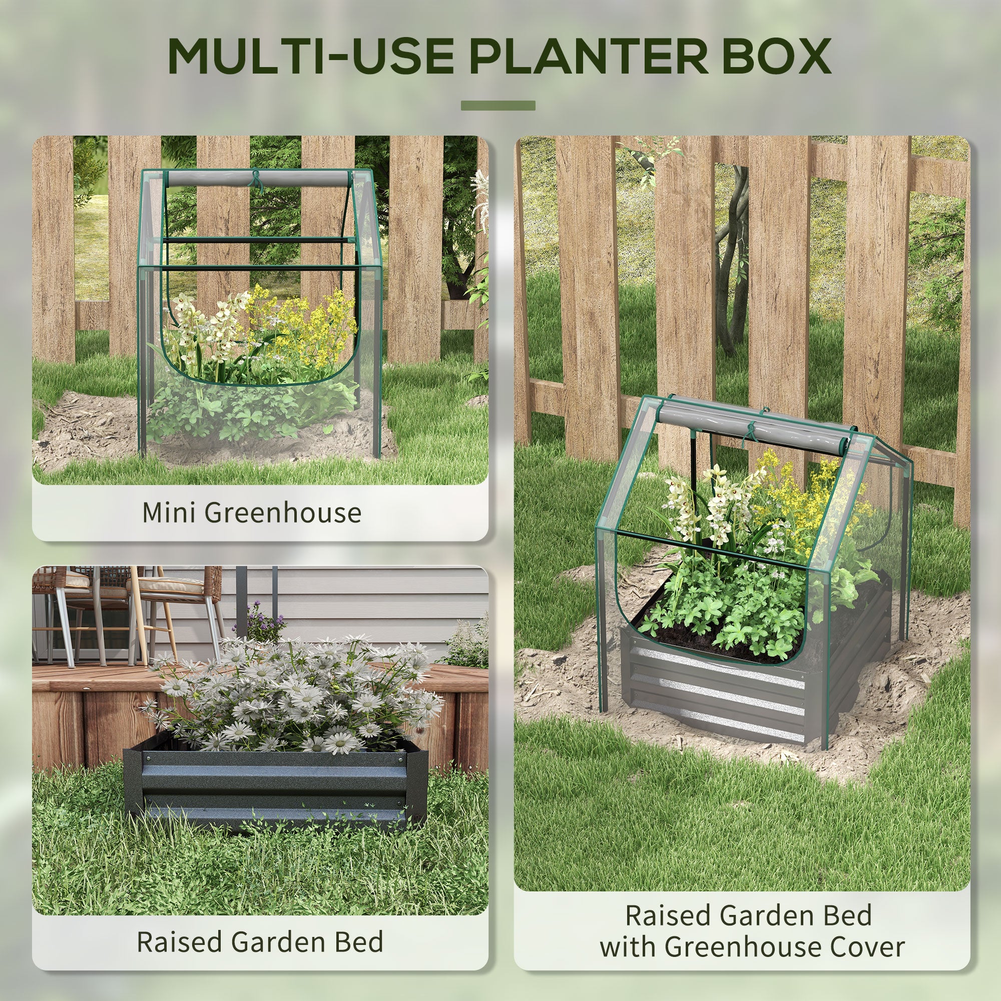 Metal Planter Box with Cover, Raised Garden Bed with Greenhouse, for Herbs and Vegetables, Clear and Dark Grey