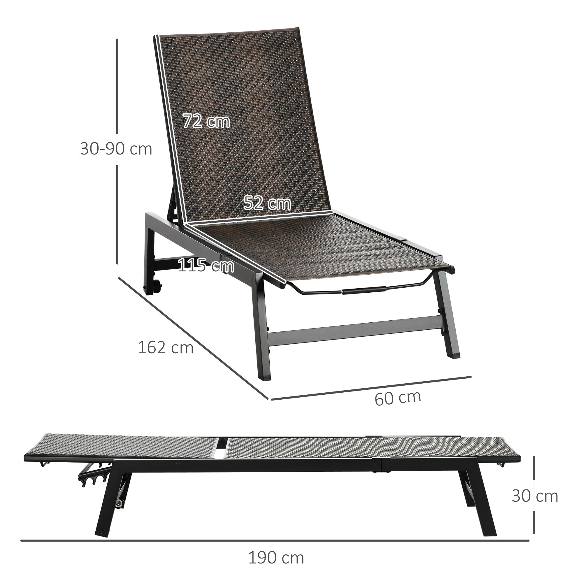 Outdoor PE Rattan Sun Loungers, Patio Wicker Chaise Lounge Chair with 5-Position Backrest, Wheels for Sun Room, Garden, Poolside, Brown