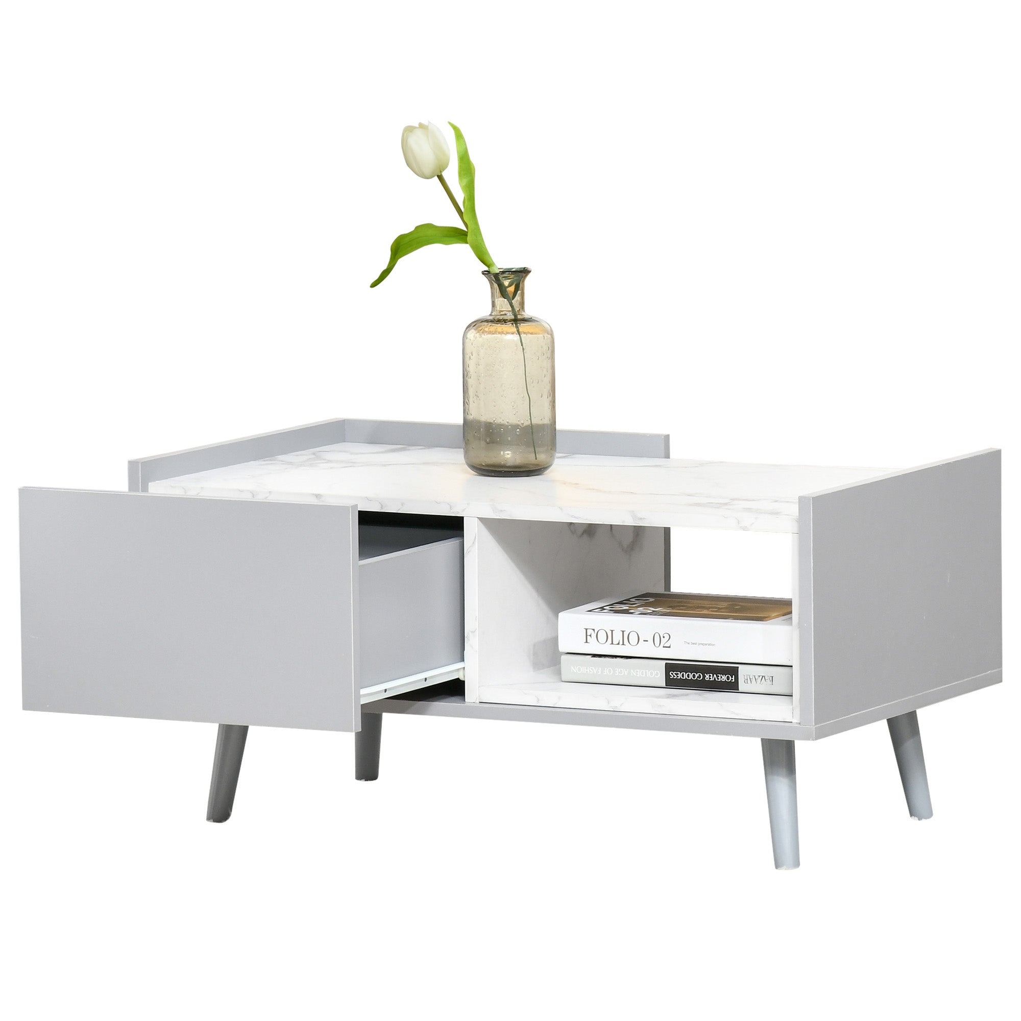 Two-Tone Coffee Table | Duo Storage Side Storage Furniture | Modern Marble Effect w/ Shelf Drawer Table Top Wood Legs Grey - White