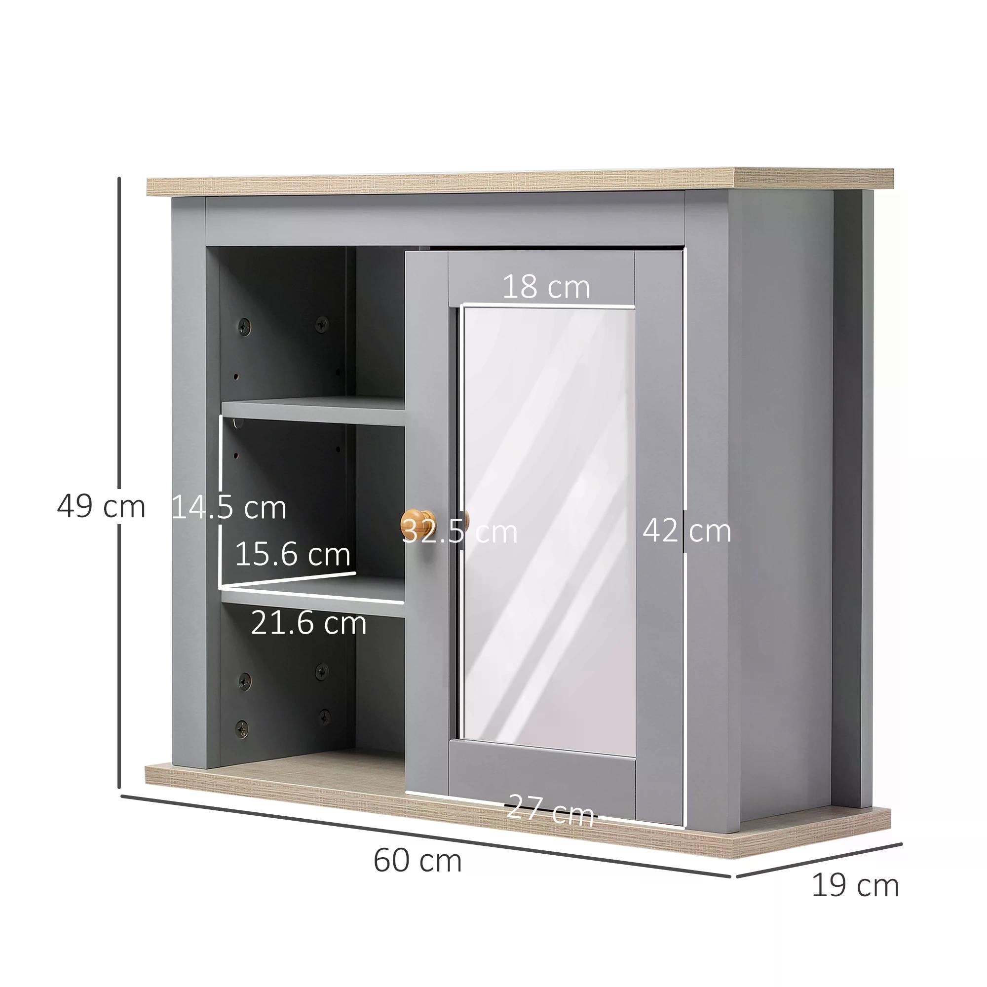 Bathroom Wall Mirror Storage Cabinet with Adjustable Shelves - Grey